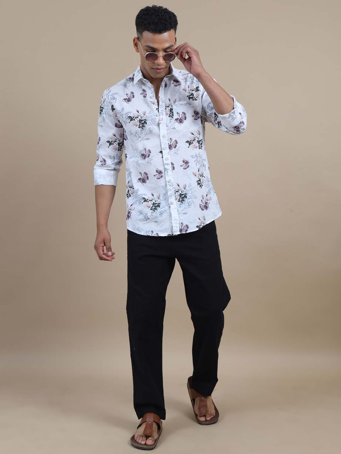 Mandarin Sun White And Pink Floral Printed Shirt