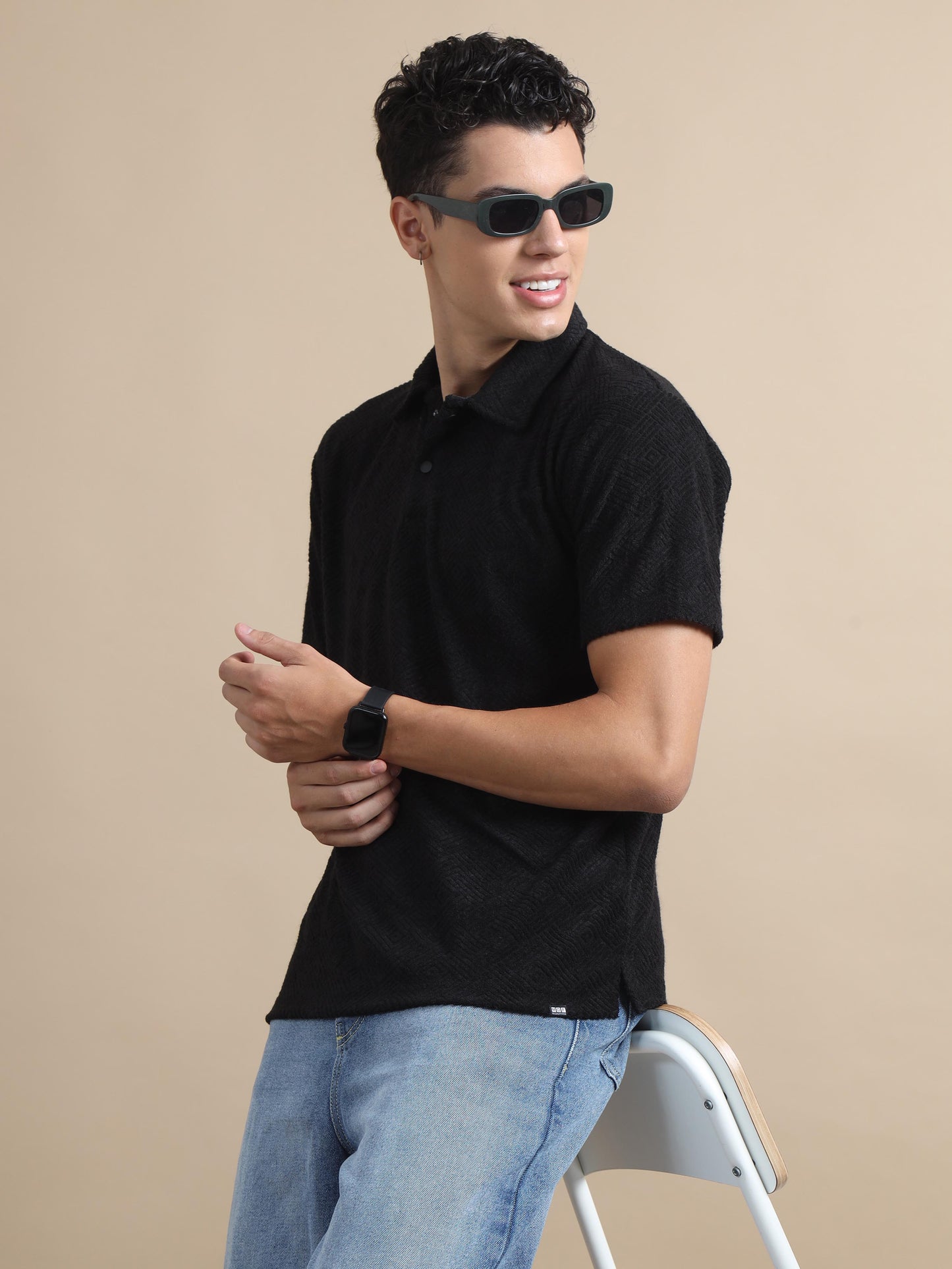 Threaded Touch Geometrical Black Polo T-shirt for Men