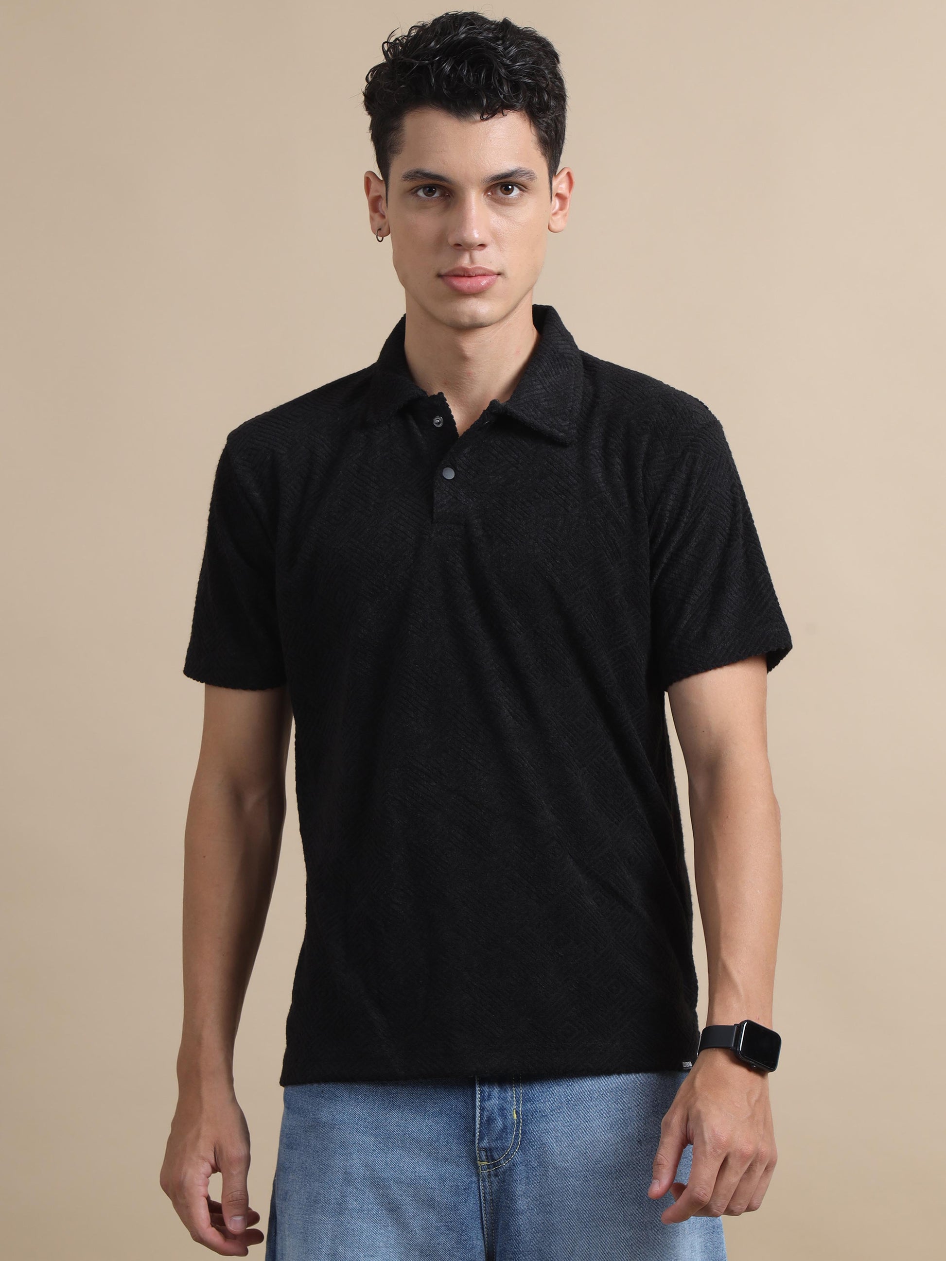 Black Polo Neck T Shirt Textured Half Sleeves