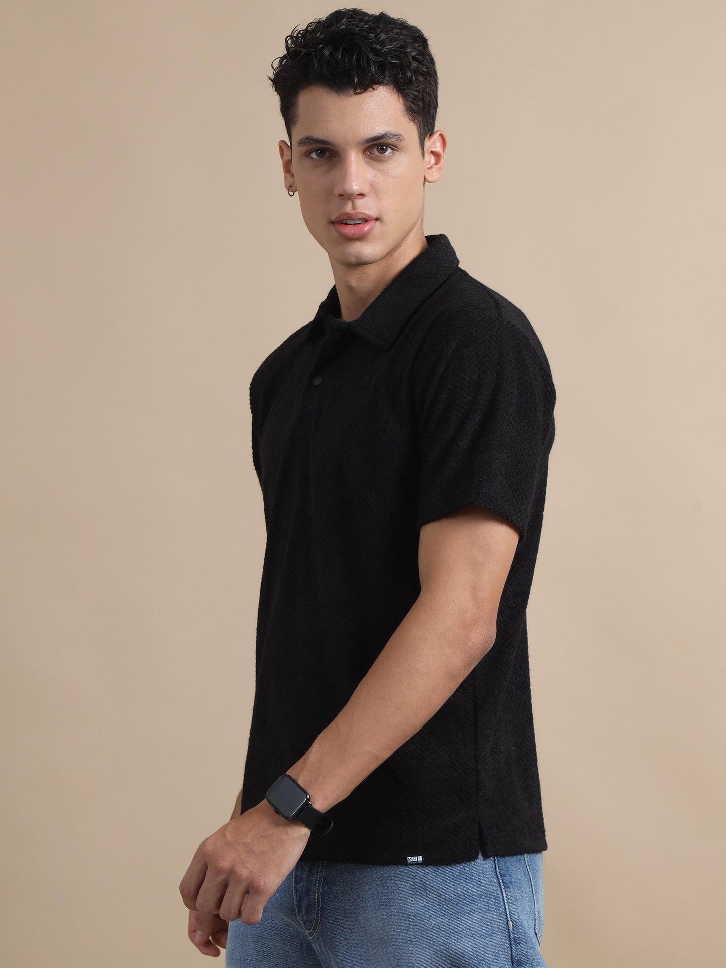 Black Polo Neck T Shirt Textured Half Sleeves