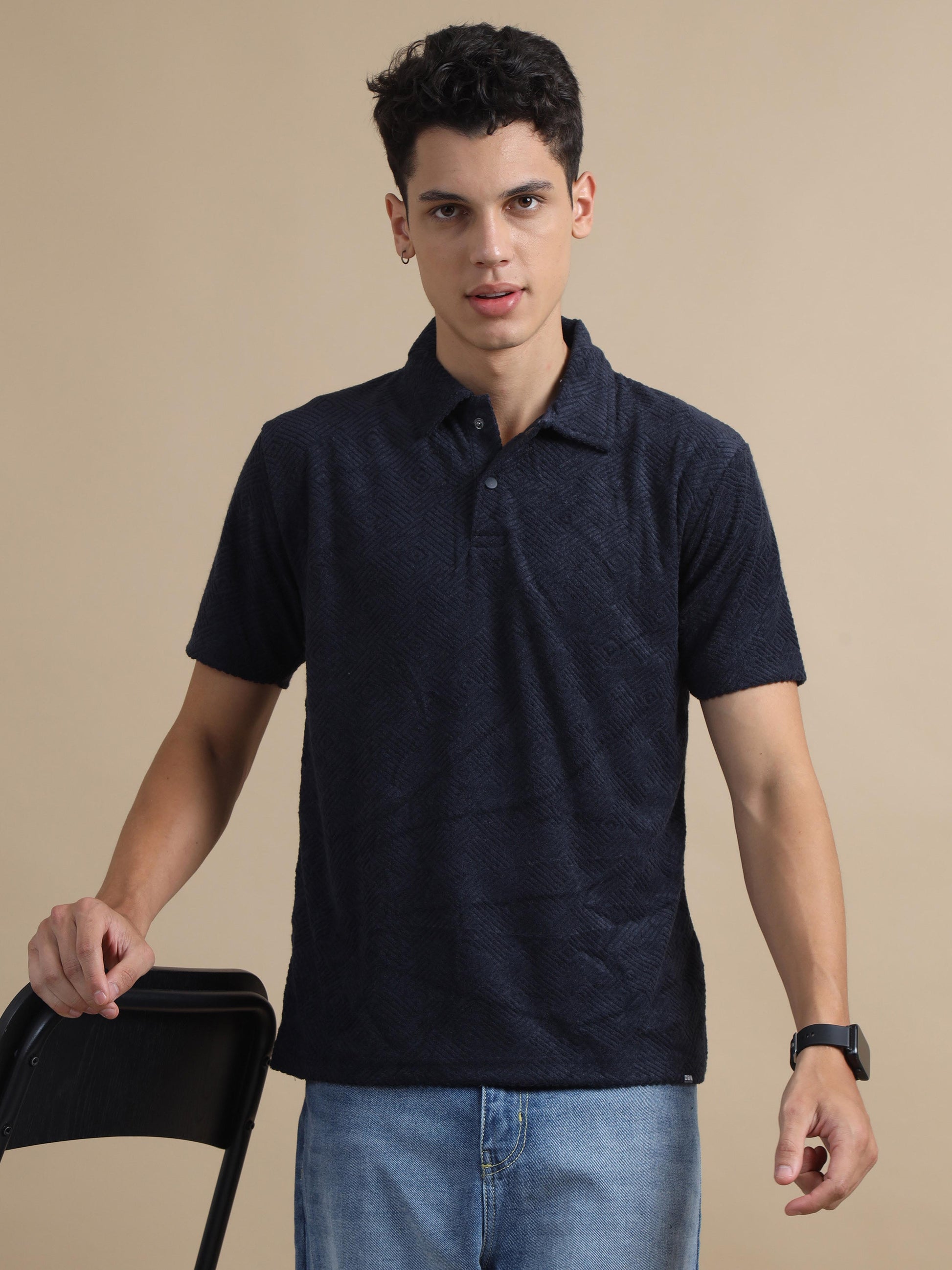 Threaded Touch Geometrical Navy Blue Polo T Shirt