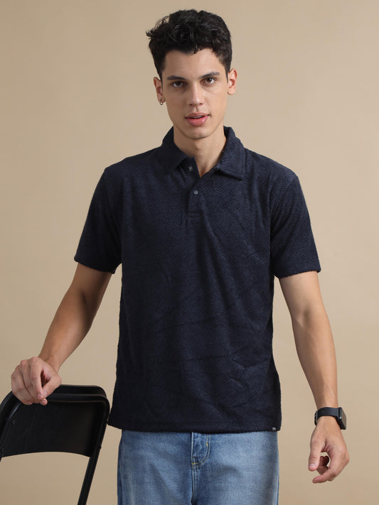 Threaded touch Geometrical Navy Blue Polo T Shirt 