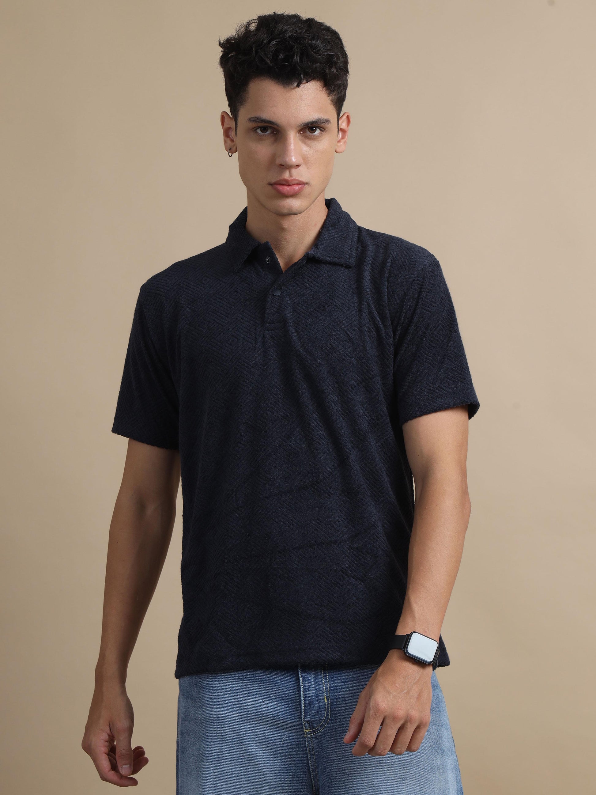 Threaded Touch Geometrical Navy Blue Polo T Shirt