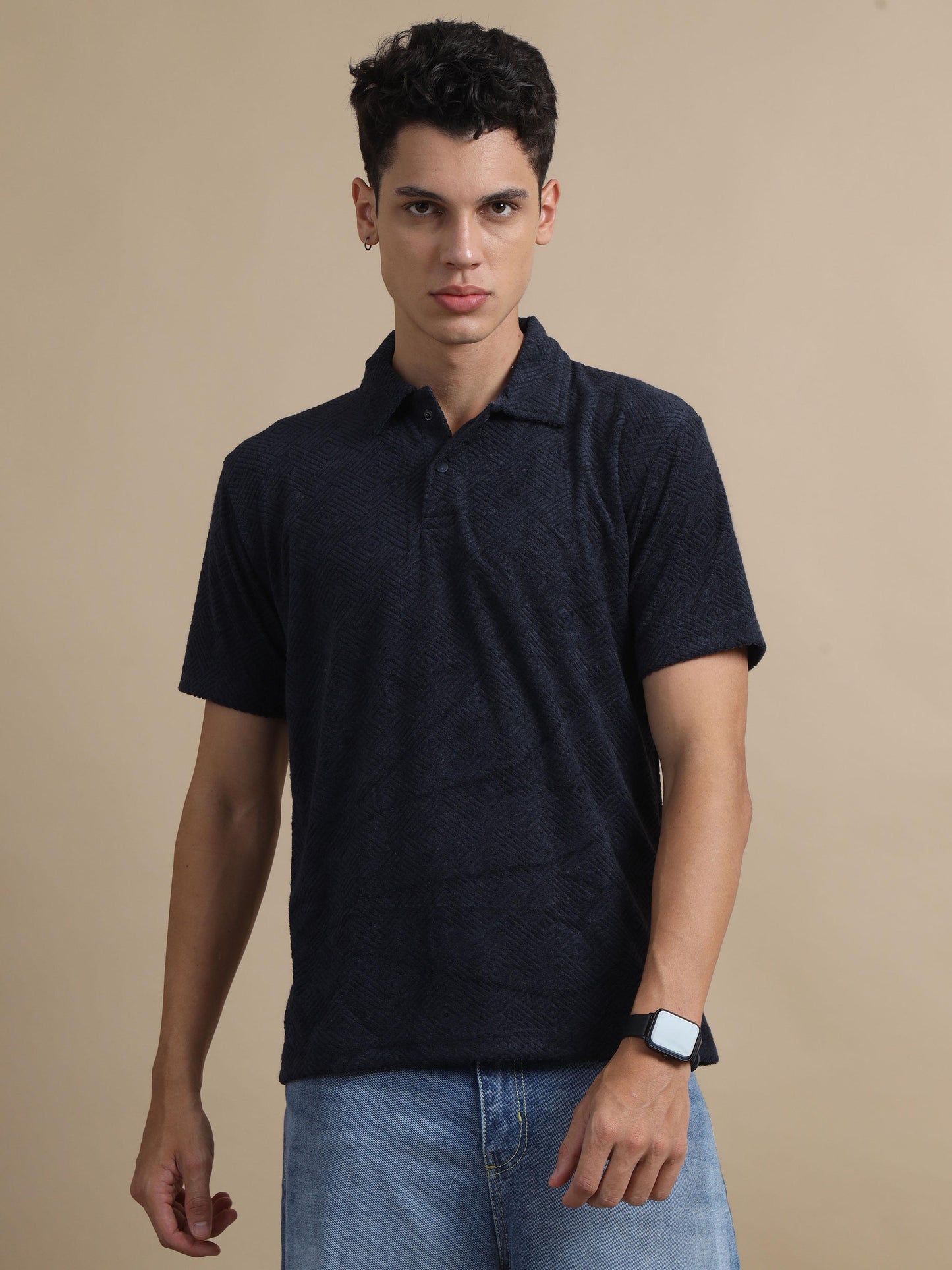 Threaded touch Geometrical Navy Blue Polo T Shirt 