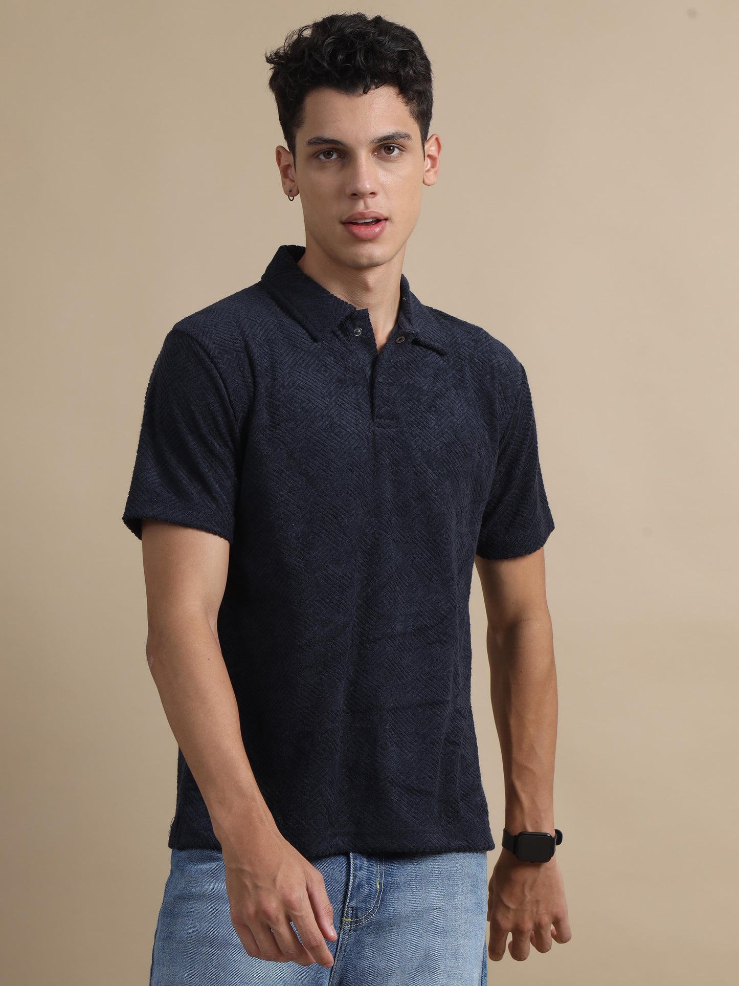 Threaded Touch Geometrical Navy Blue Polo T Shirt