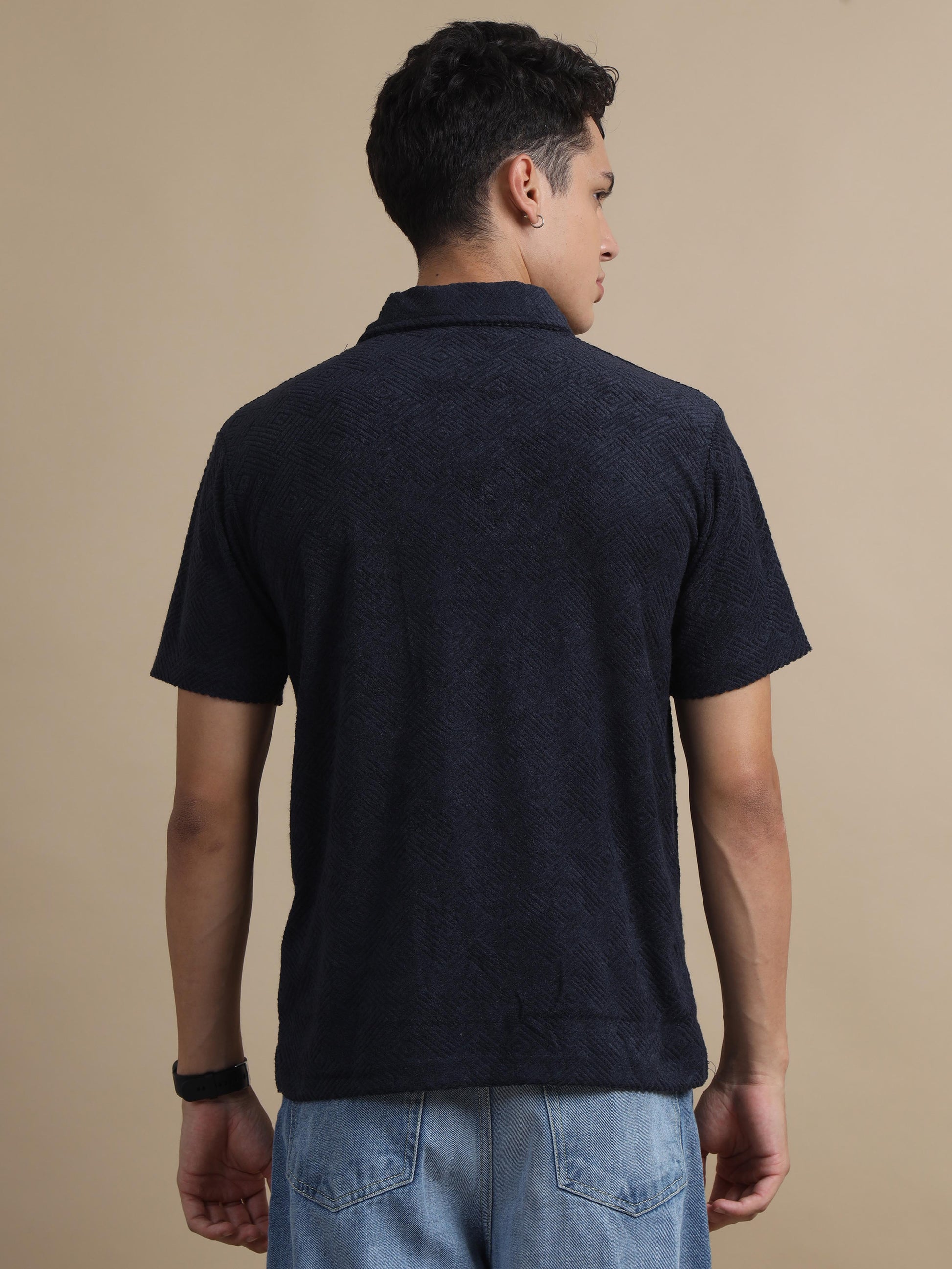 Threaded Touch Geometrical Navy Blue Polo T Shirt