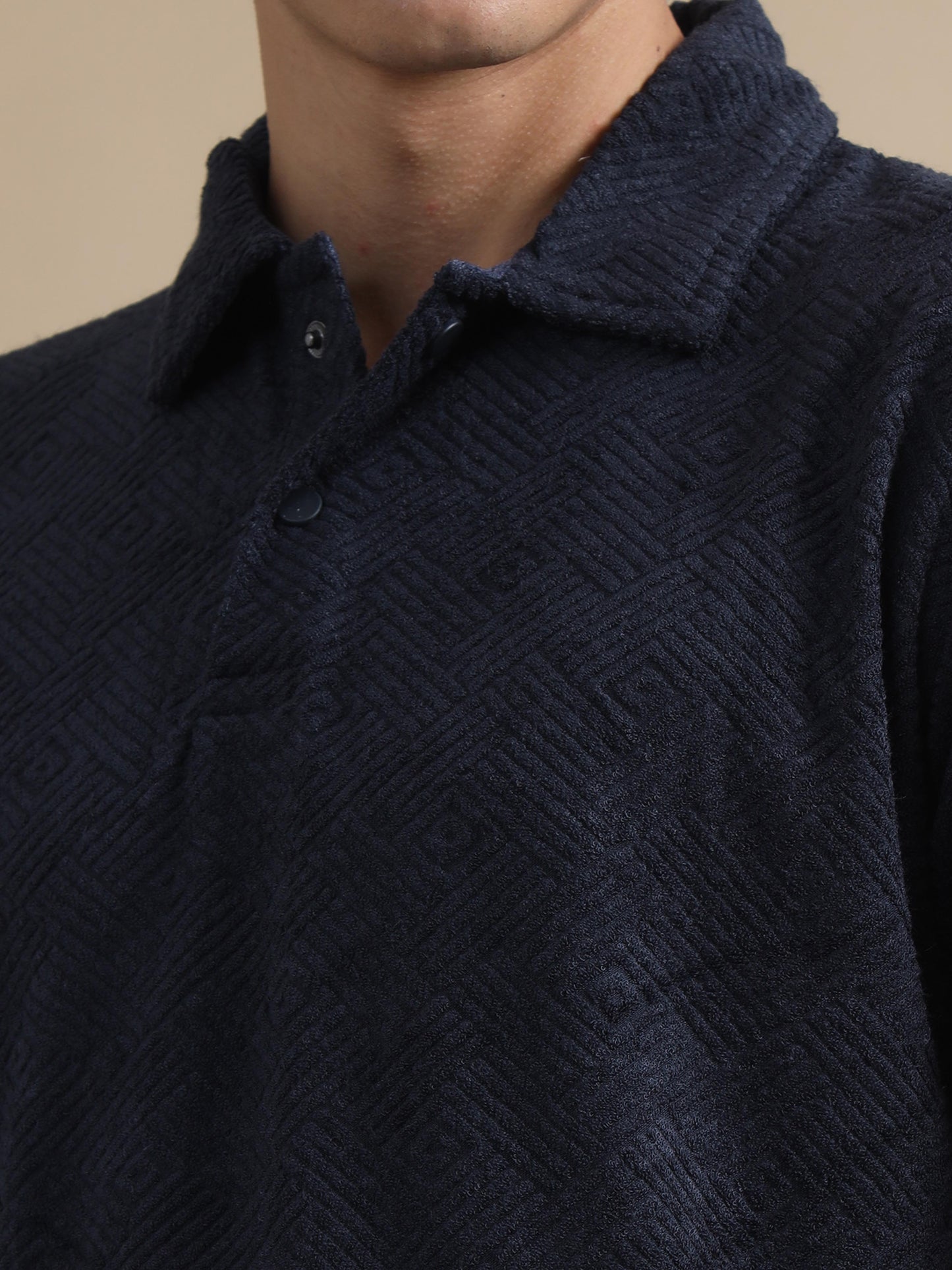 Threaded Touch Geometrical Navy Blue Polo T Shirt