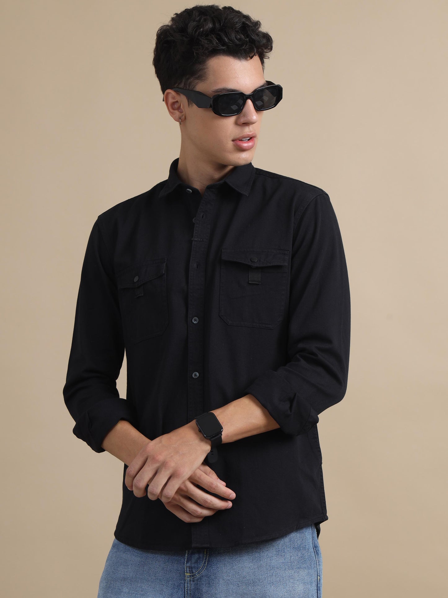 Rugged Black Denim Solid Long Sleeve Shirts