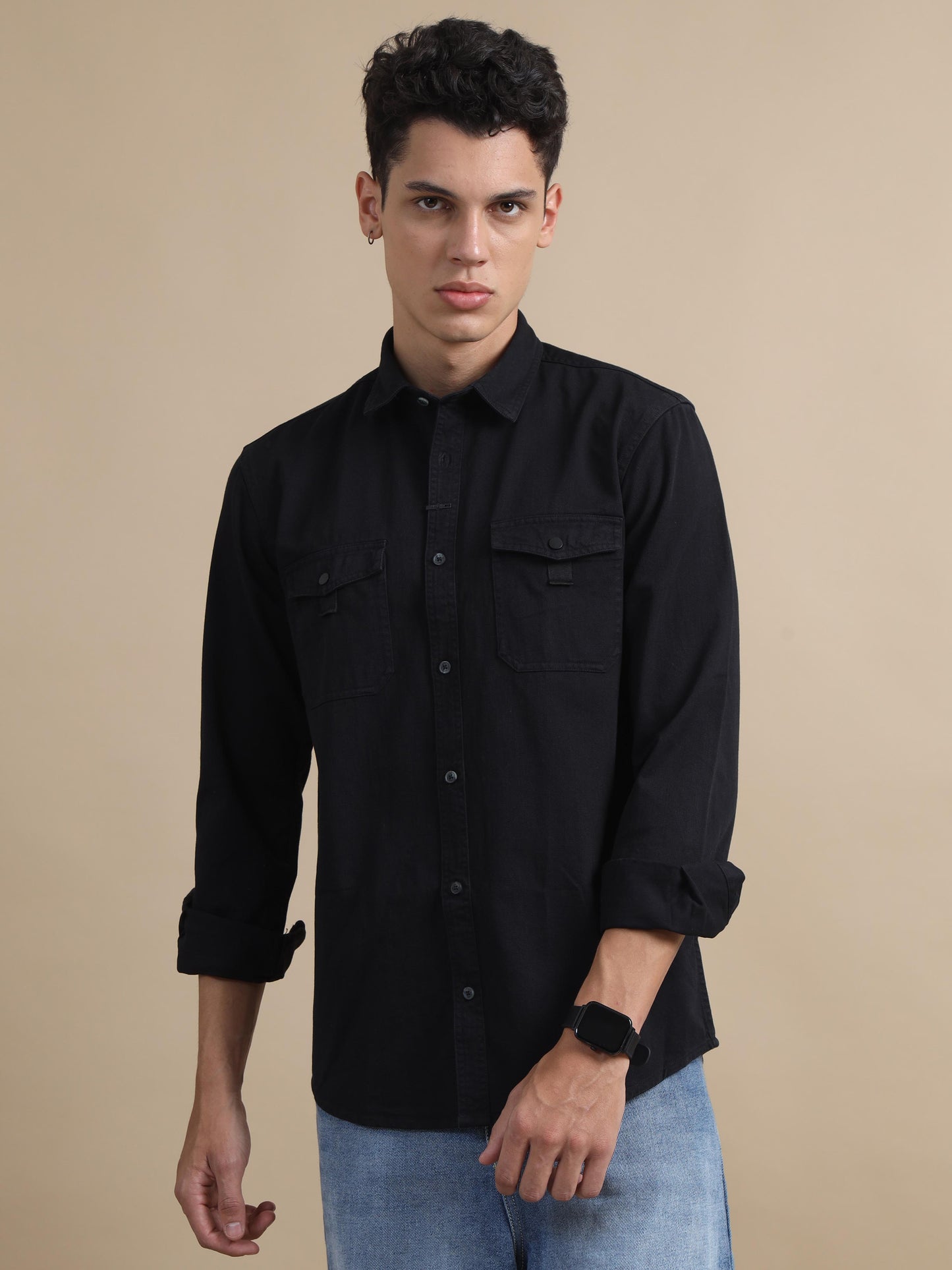 Rugged Black Denim Solid Long Sleeve Shirts