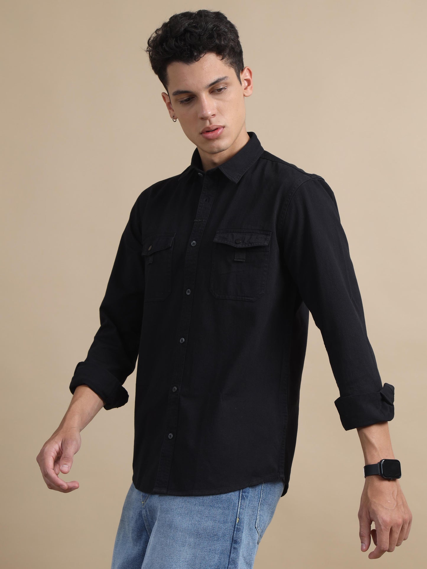 Rugged Black Denim Solid Long Sleeve Shirts