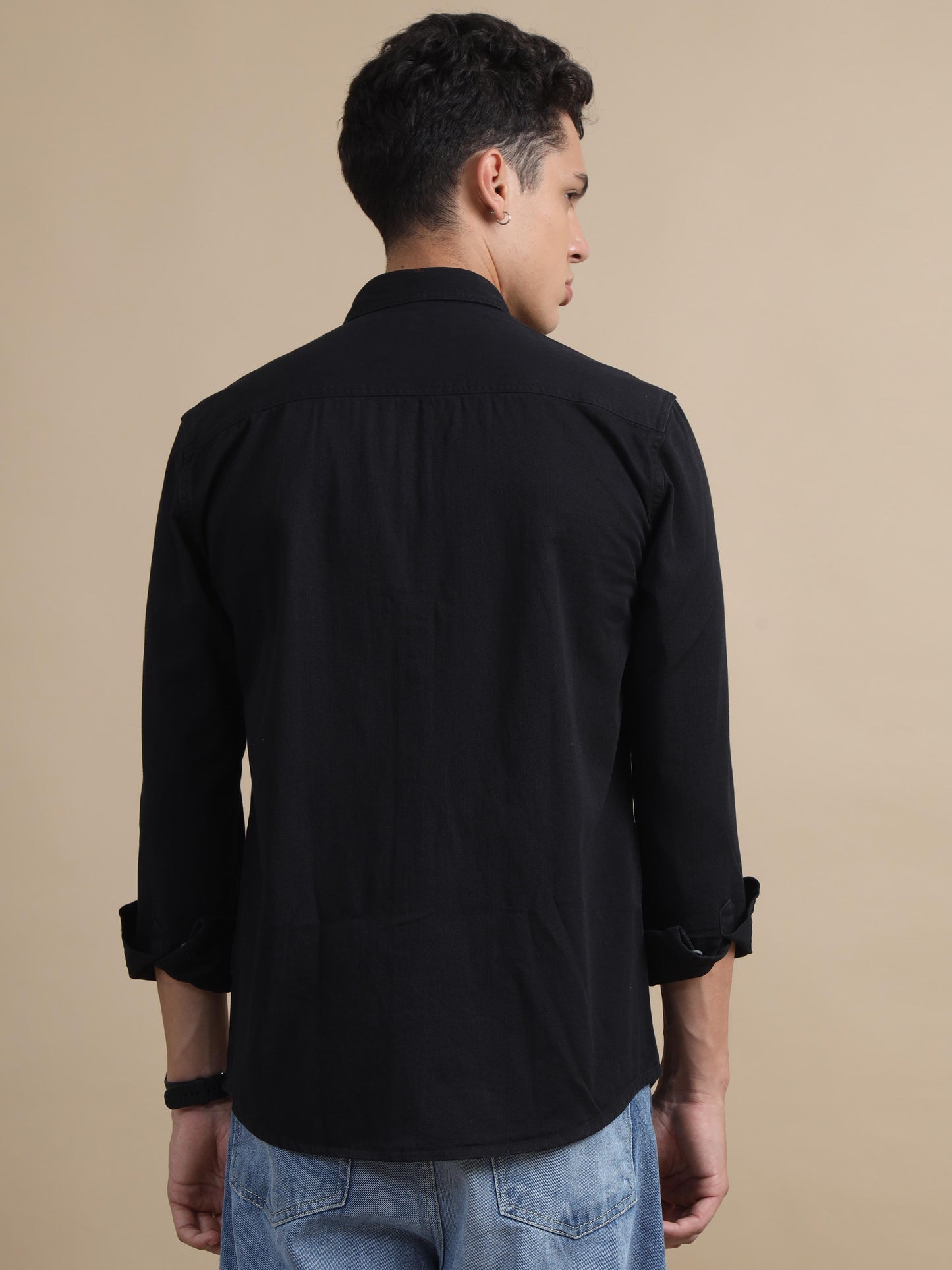 Rugged Black Denim Solid Long Sleeve Shirts