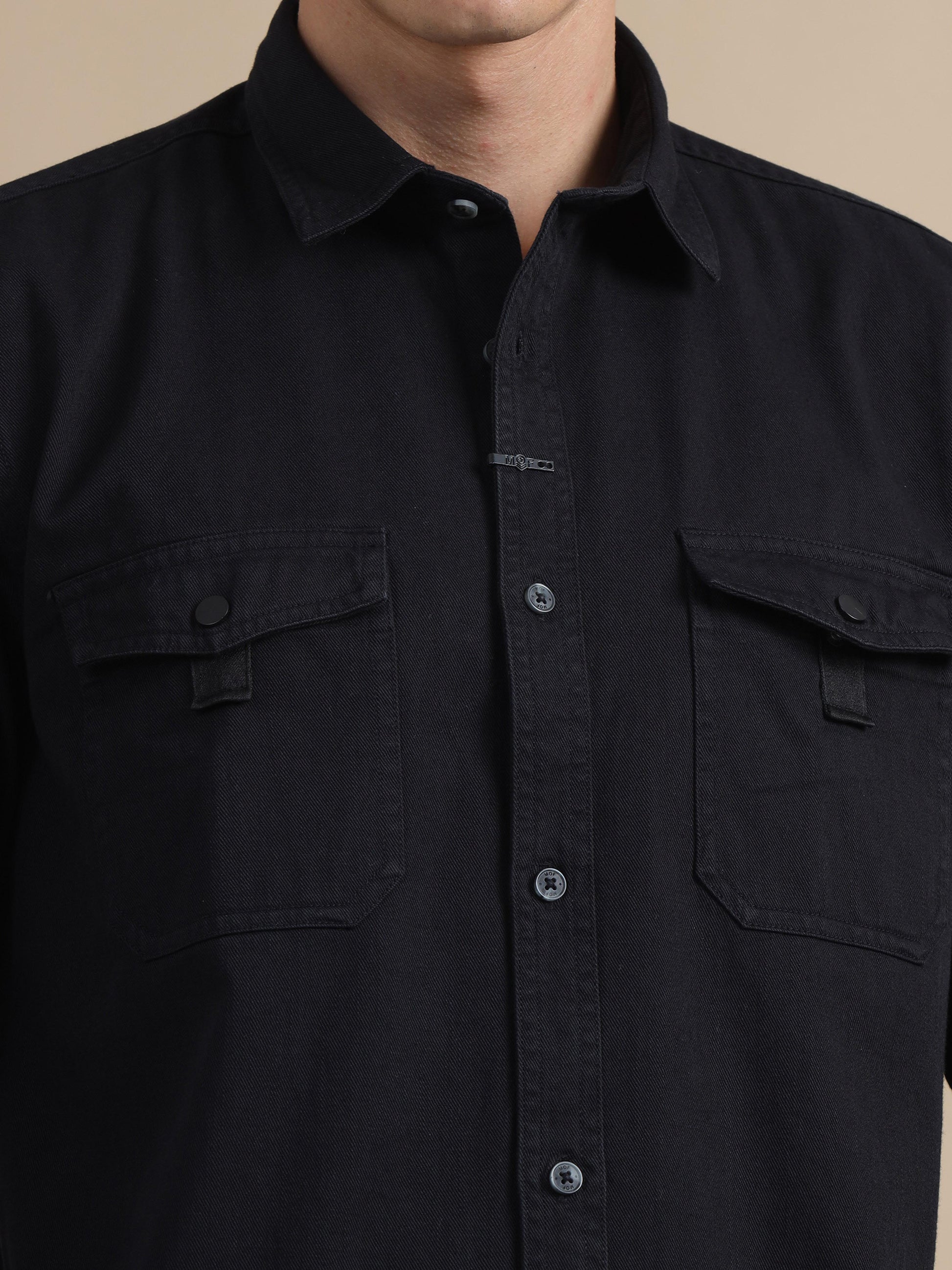 Rugged Black Denim Solid Long Sleeve Shirts