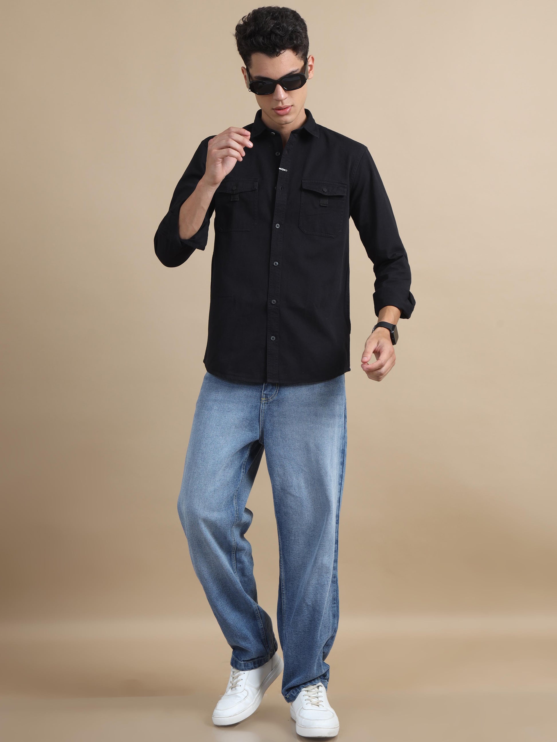 Rugged Black Denim Solid Long Sleeve Shirts