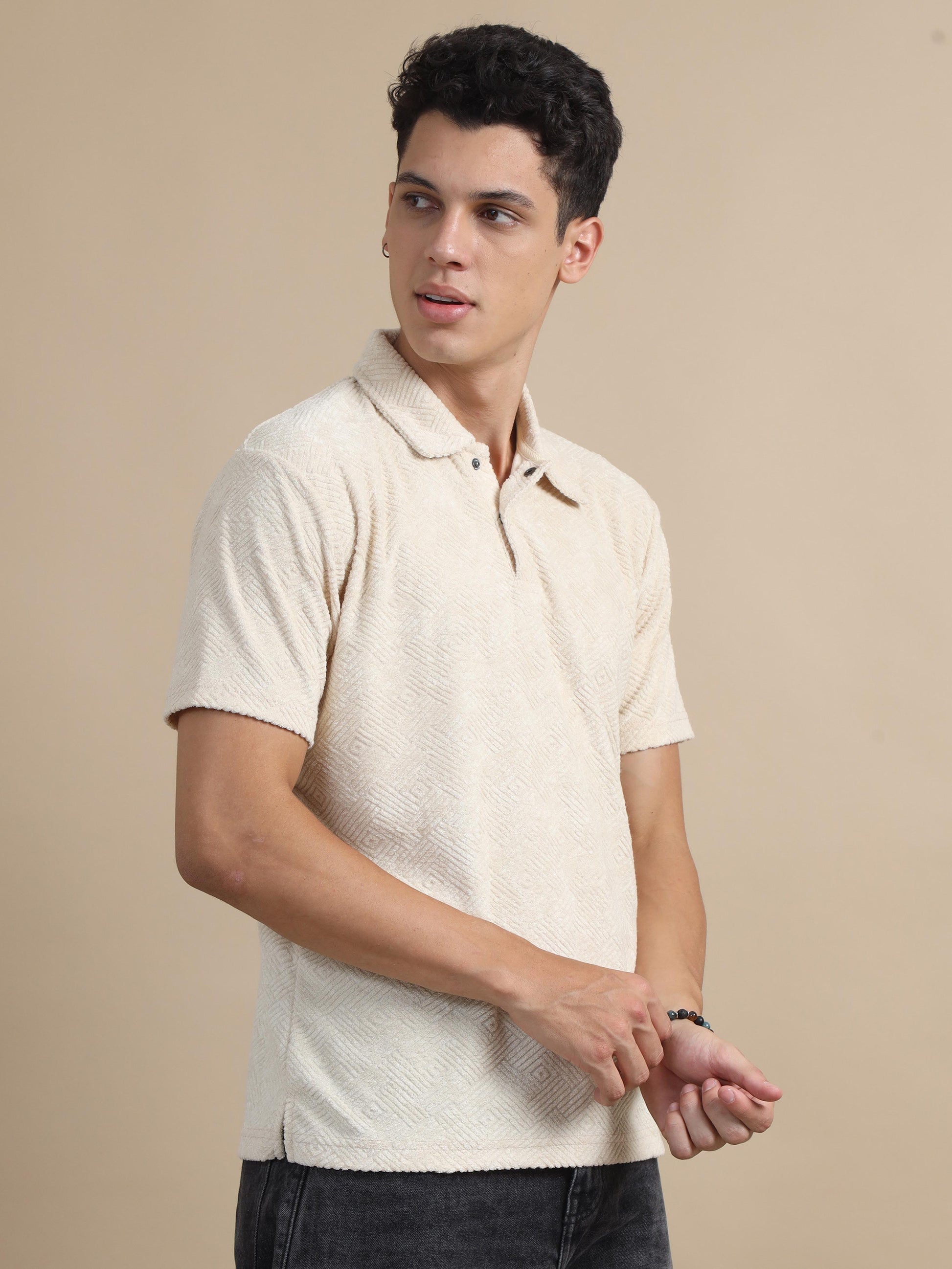 Threaded Geometrical Beige Textured Polo T-shirt