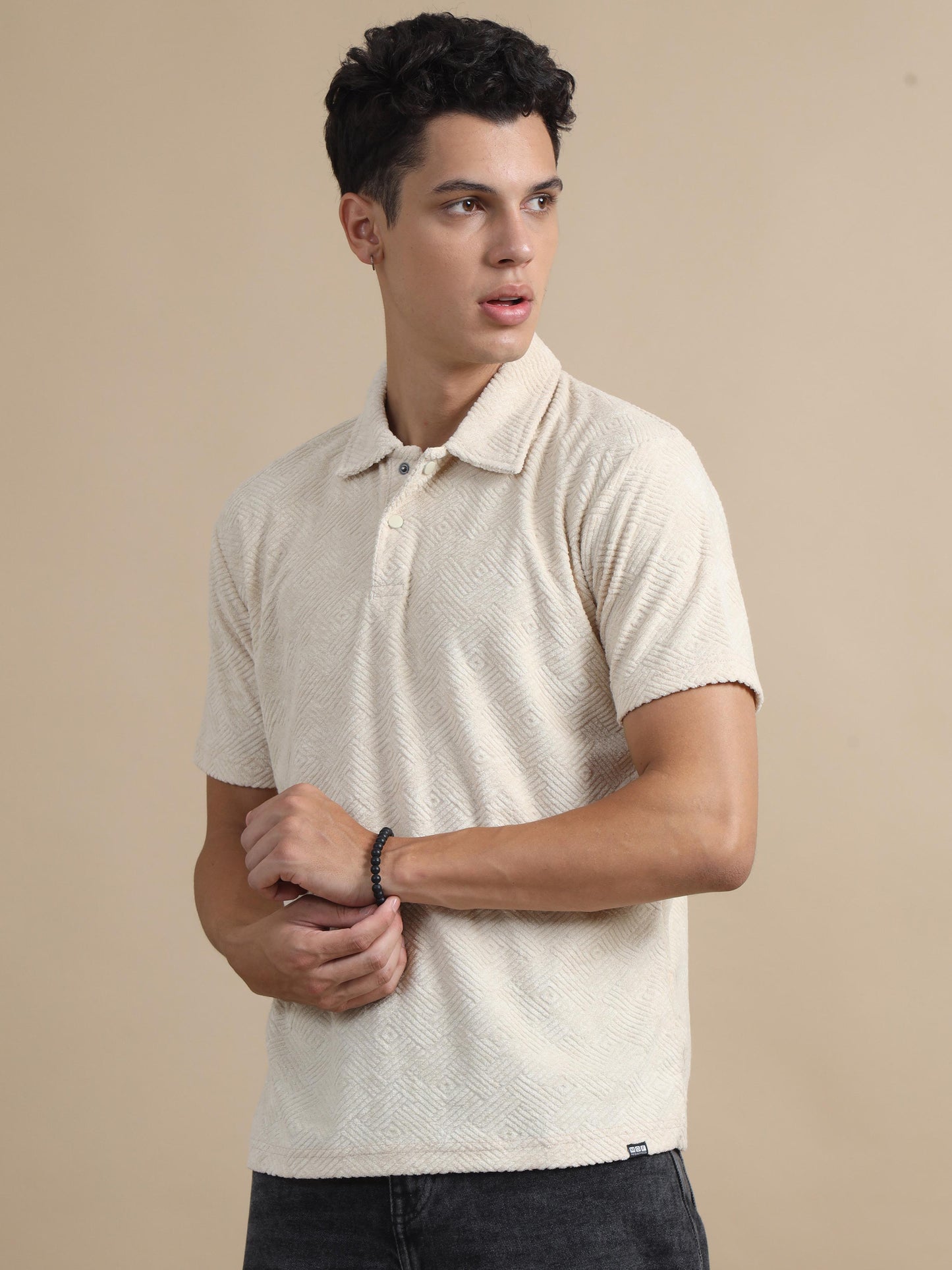 Threaded Geometrical Beige Textured Polo T-shirt