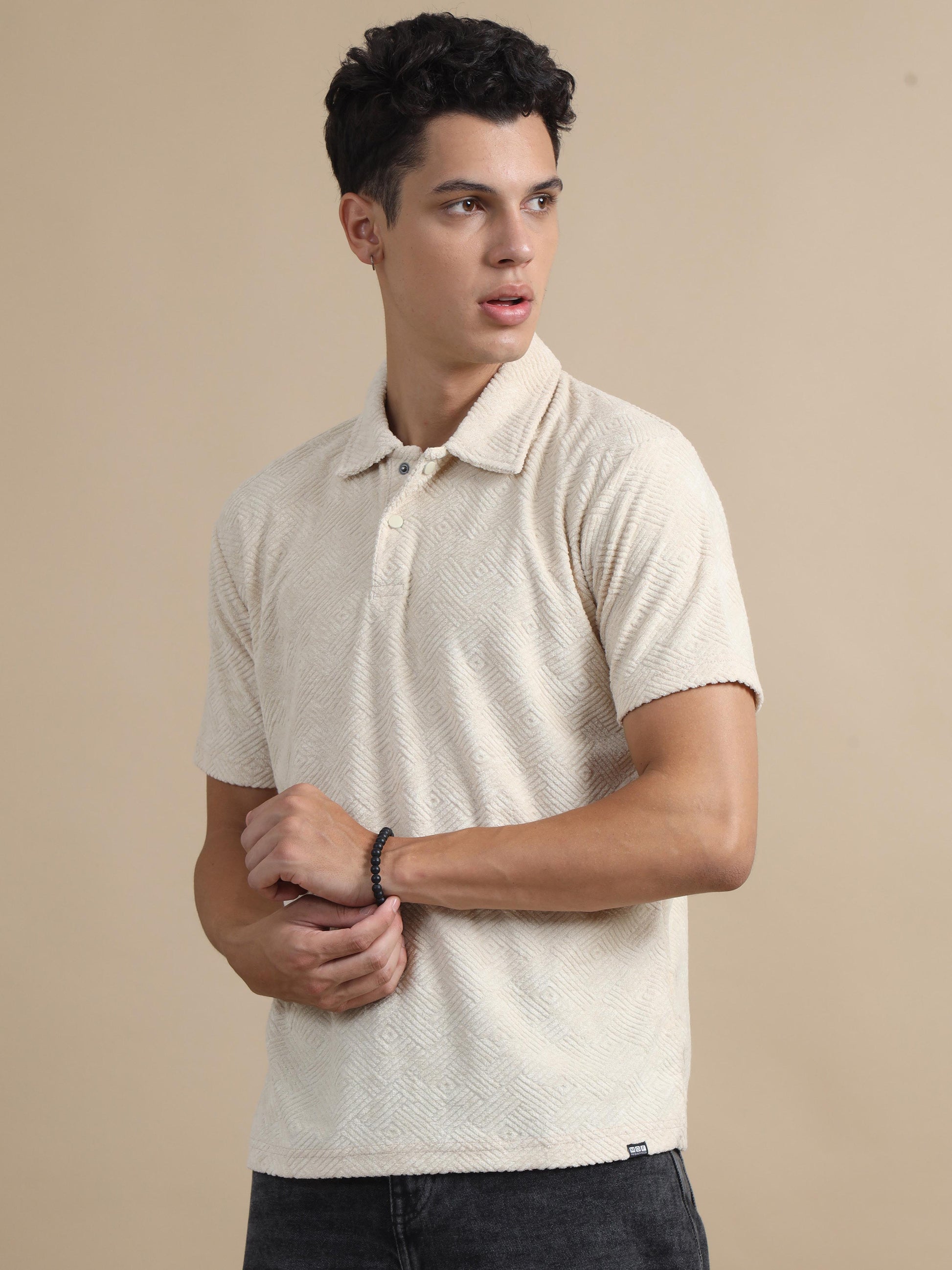 Threaded Touch Geometrical Beige Polo T-shirt for Men