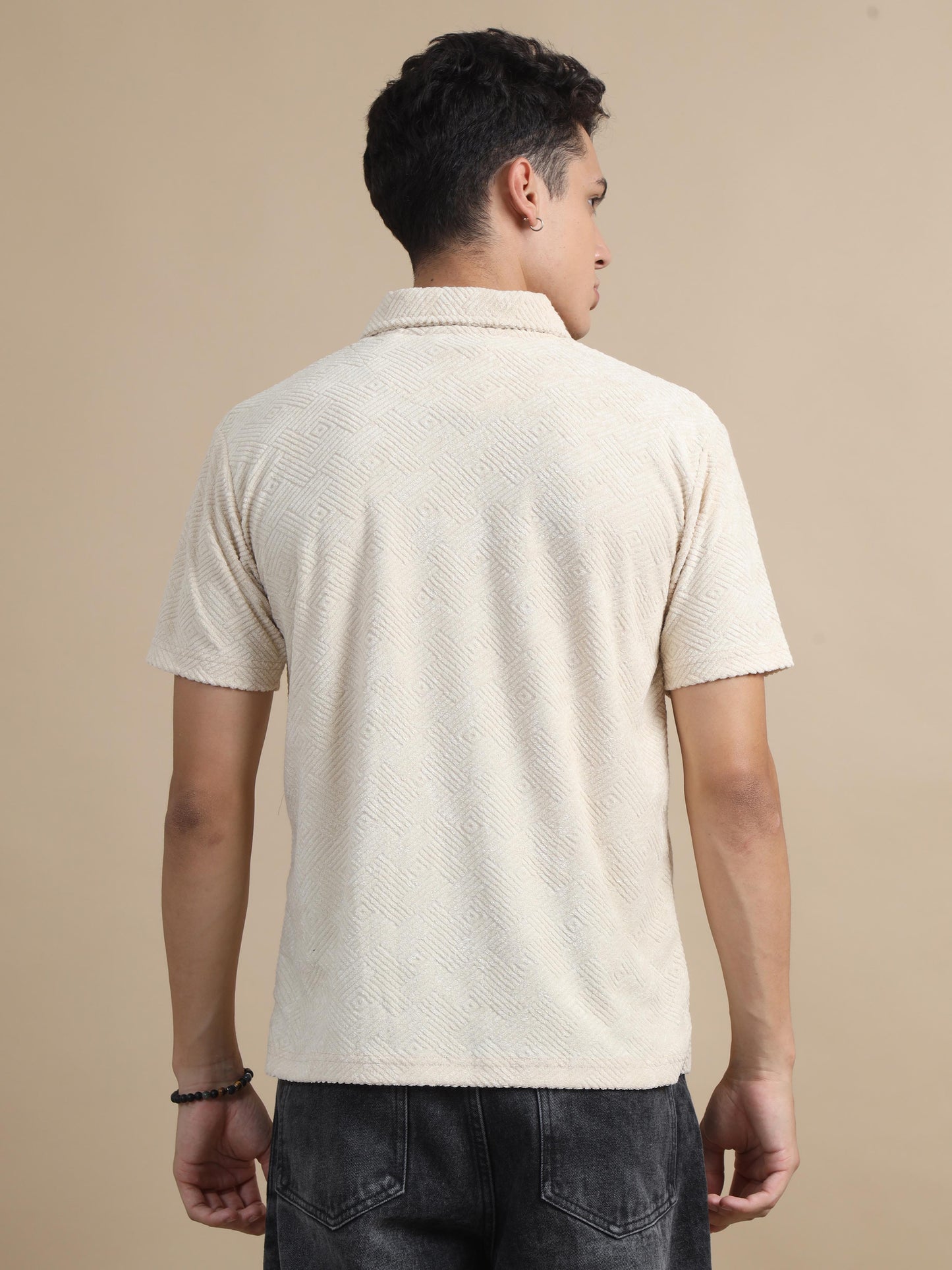 Threaded Geometrical Beige Textured Polo T-shirt