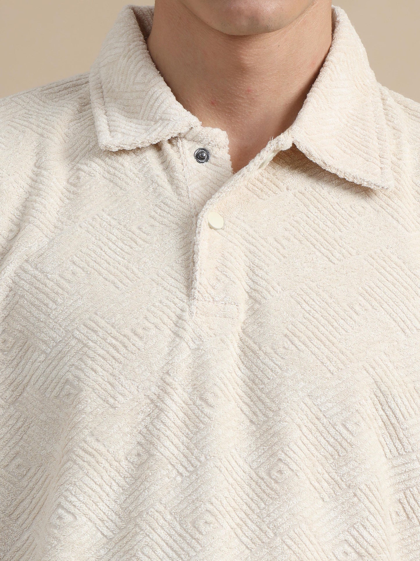 Threaded Geometrical Beige Textured Polo T-shirt