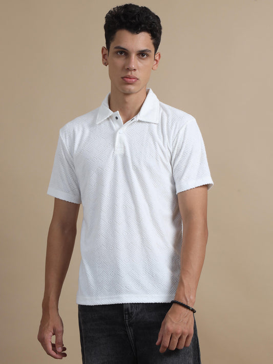 Threaded Touch Geometrical White Polo T-shirt Men 