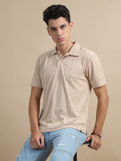 Threaded Touch Dark Beige Textured Polo T-shirt 