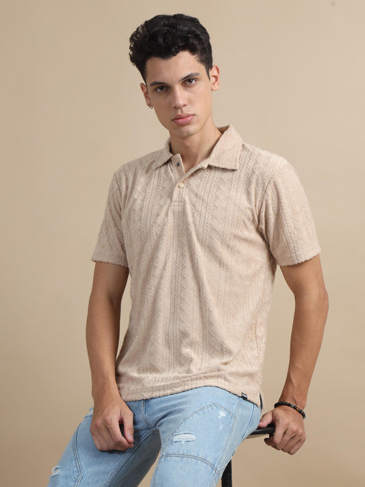 Threaded Touch Dark Beige Textured Polo T-shirt 