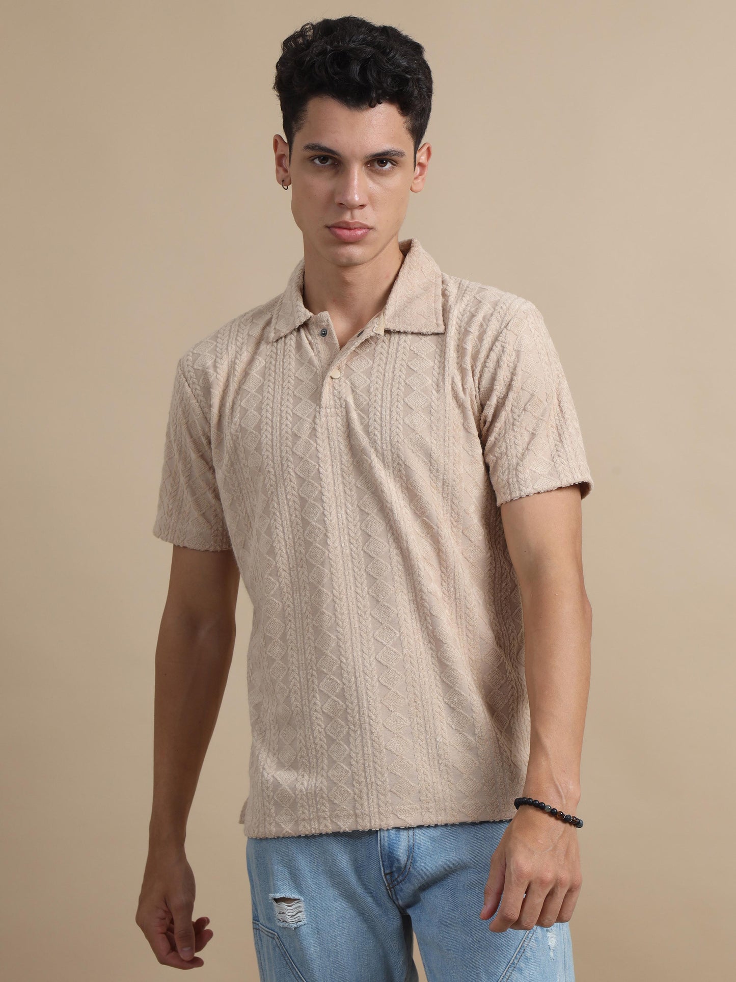 Threaded Touch Dark Beige Textured Polo T-shirt 