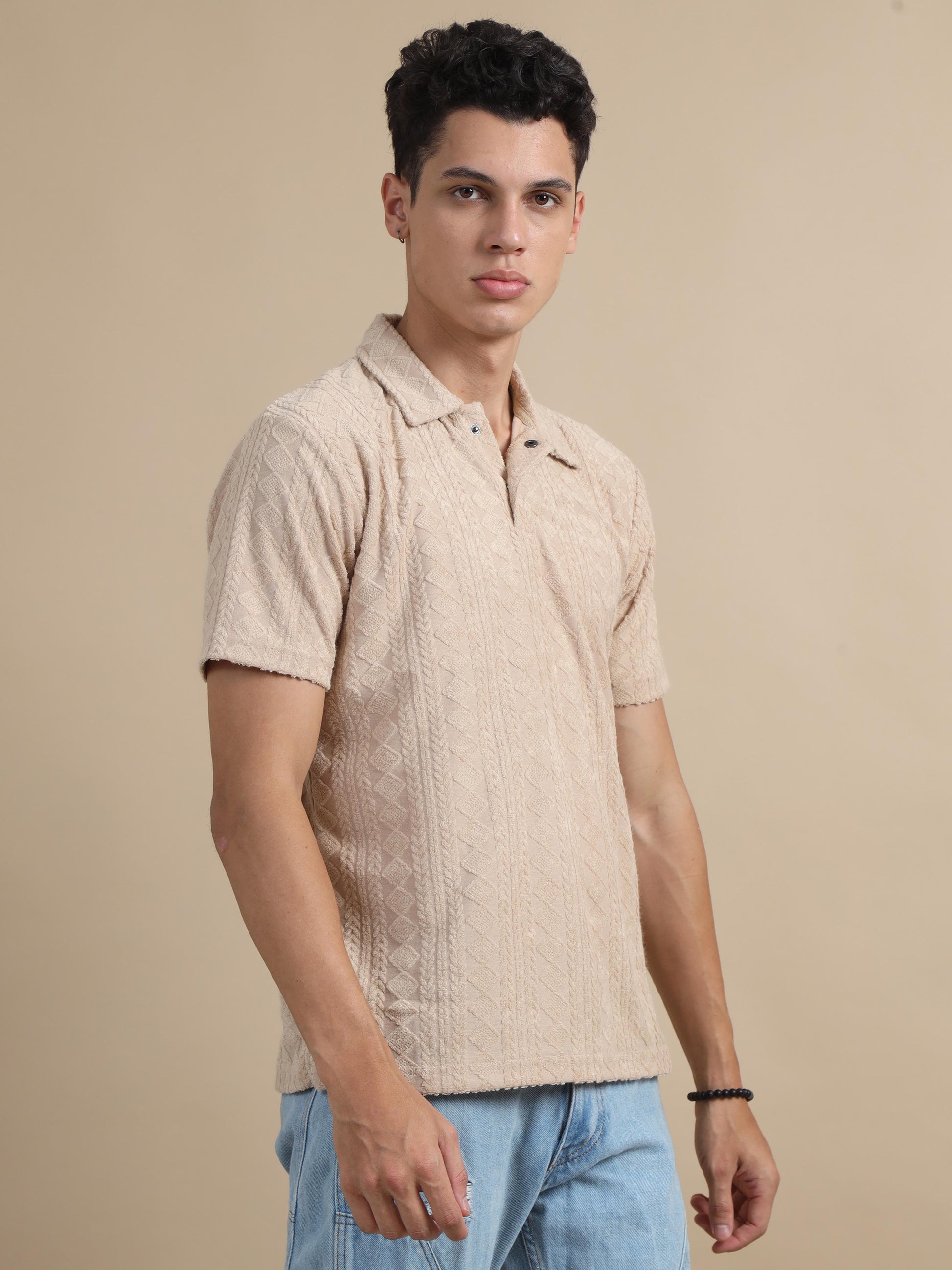 Threaded Touch Dark Beige Textured Polo T-shirt 