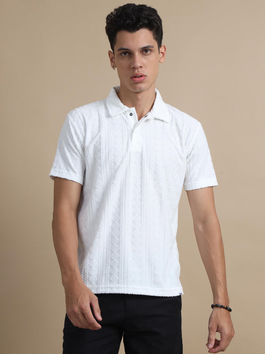 Threaded Touch Diamond White Polo Shirts For Men 