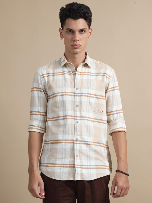 Cubism Chic Beige Checks Shirt For Men 