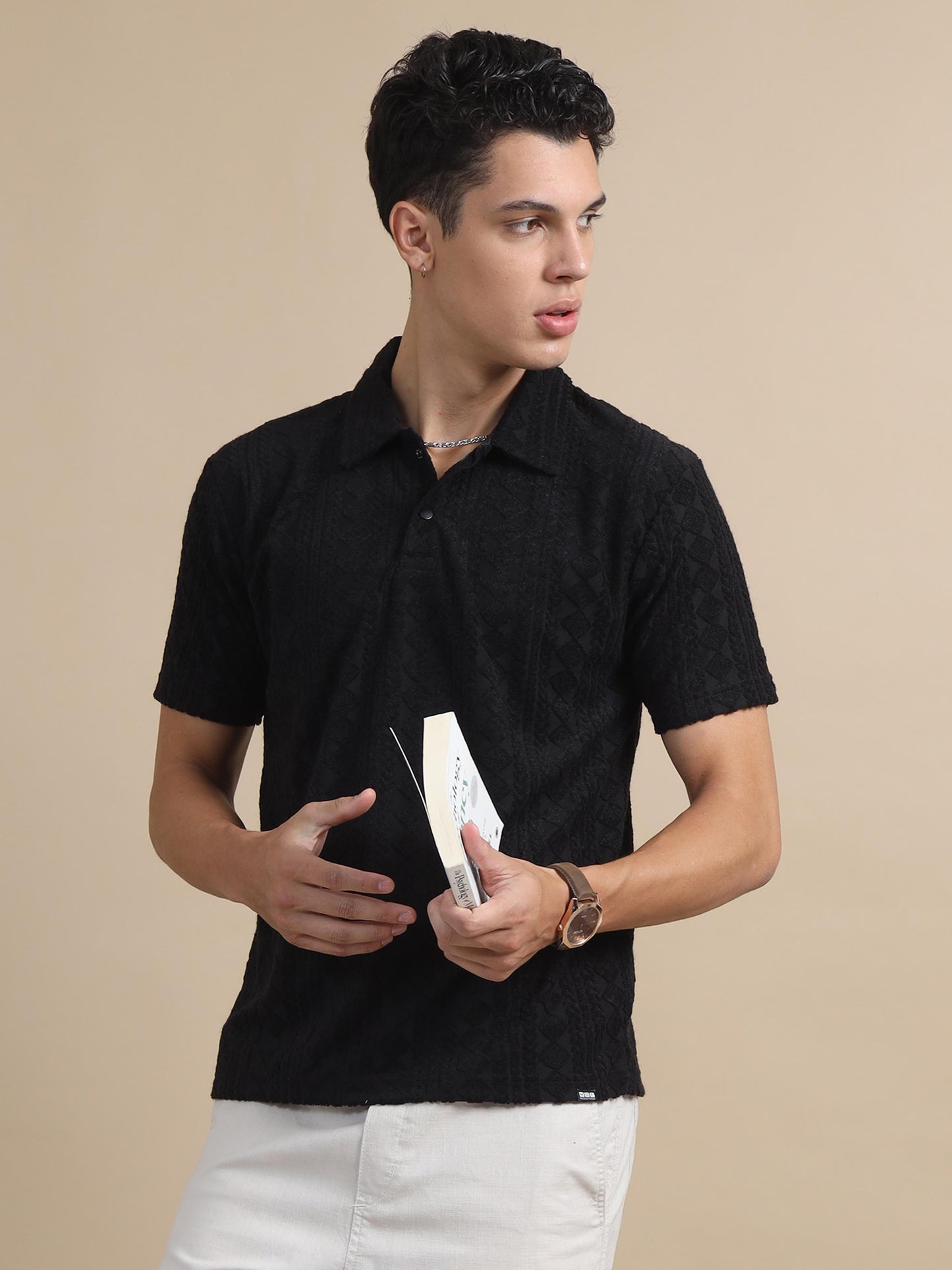 Threaded Touch Diamond Black Polo T-shirts For Men