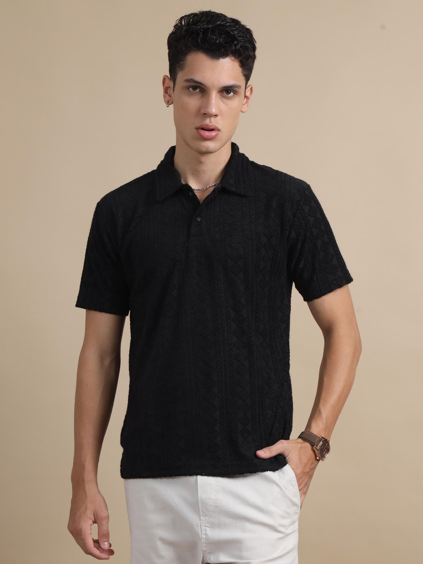 Threaded Touch Diamond Black Polo T-shirts For Men