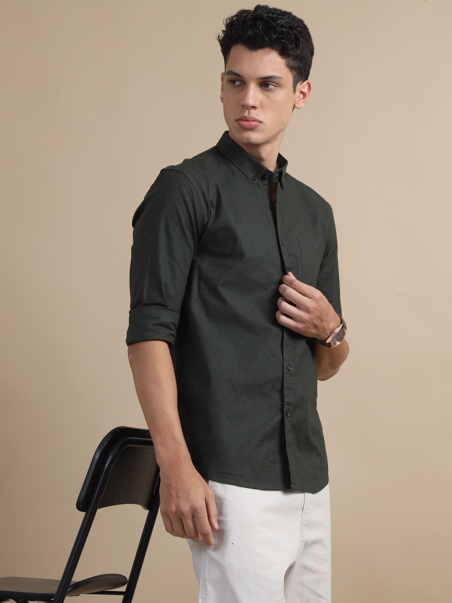  Solkas Olive Green Solid Shirt For Men 