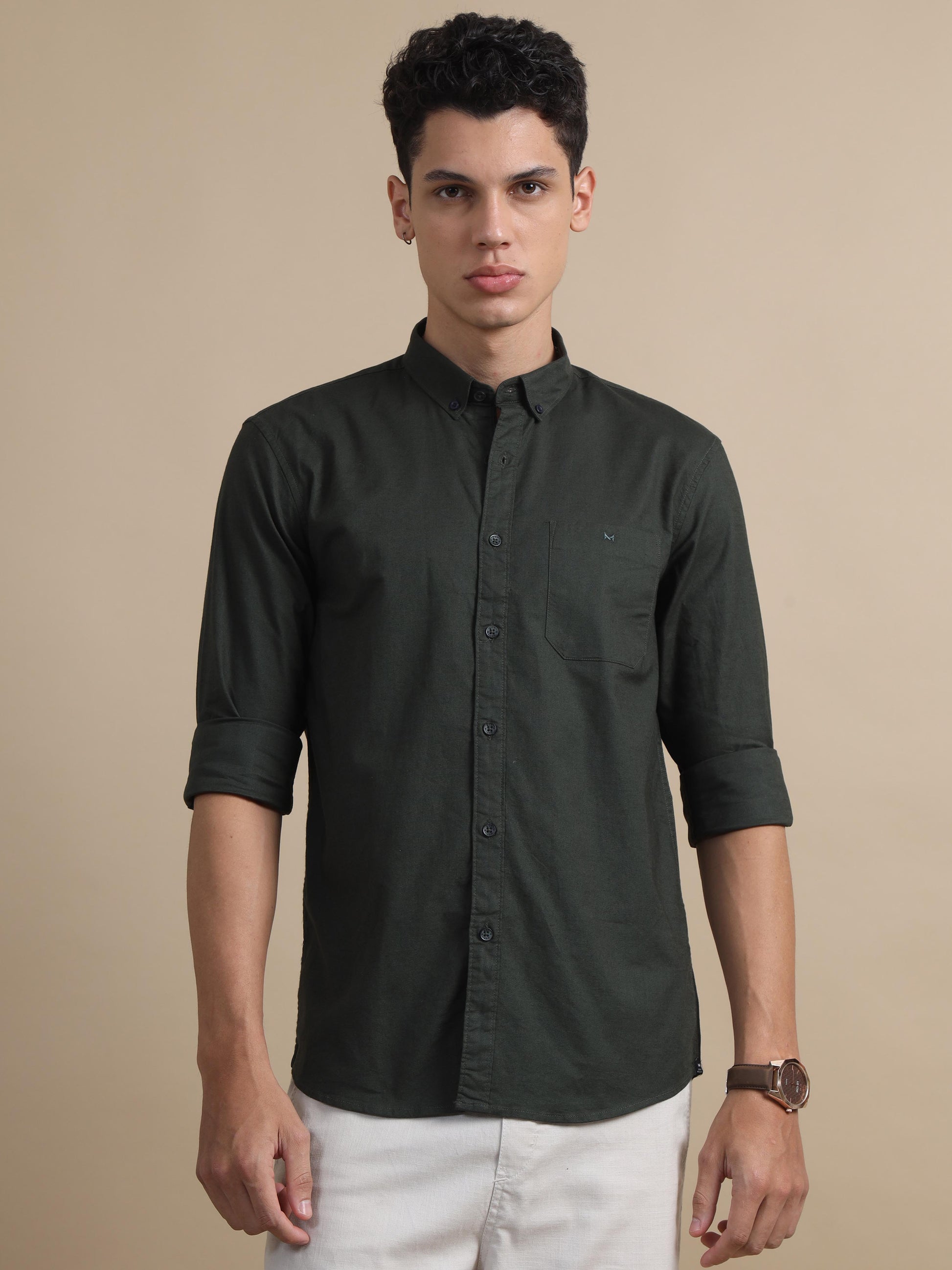  Solkas Olive Green Solid Shirt For Men 