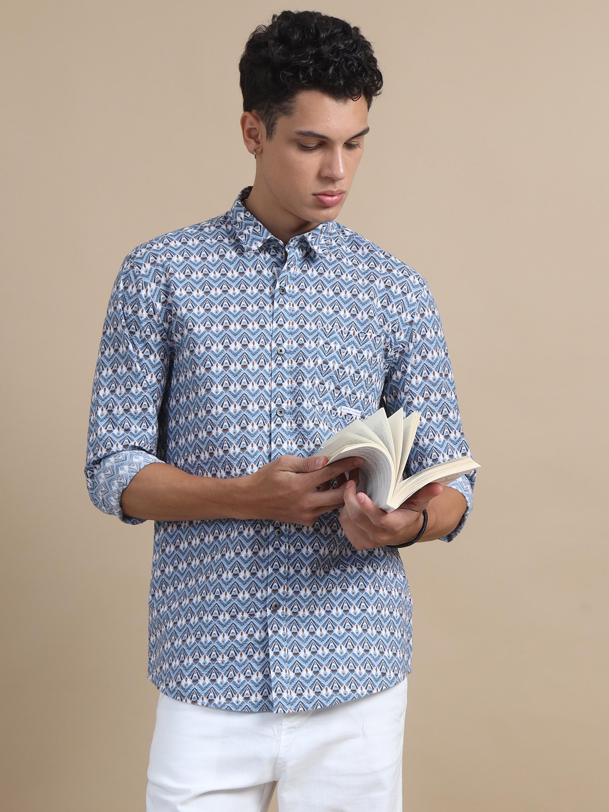 Chroma Blue Textured Printed Shirt For Men