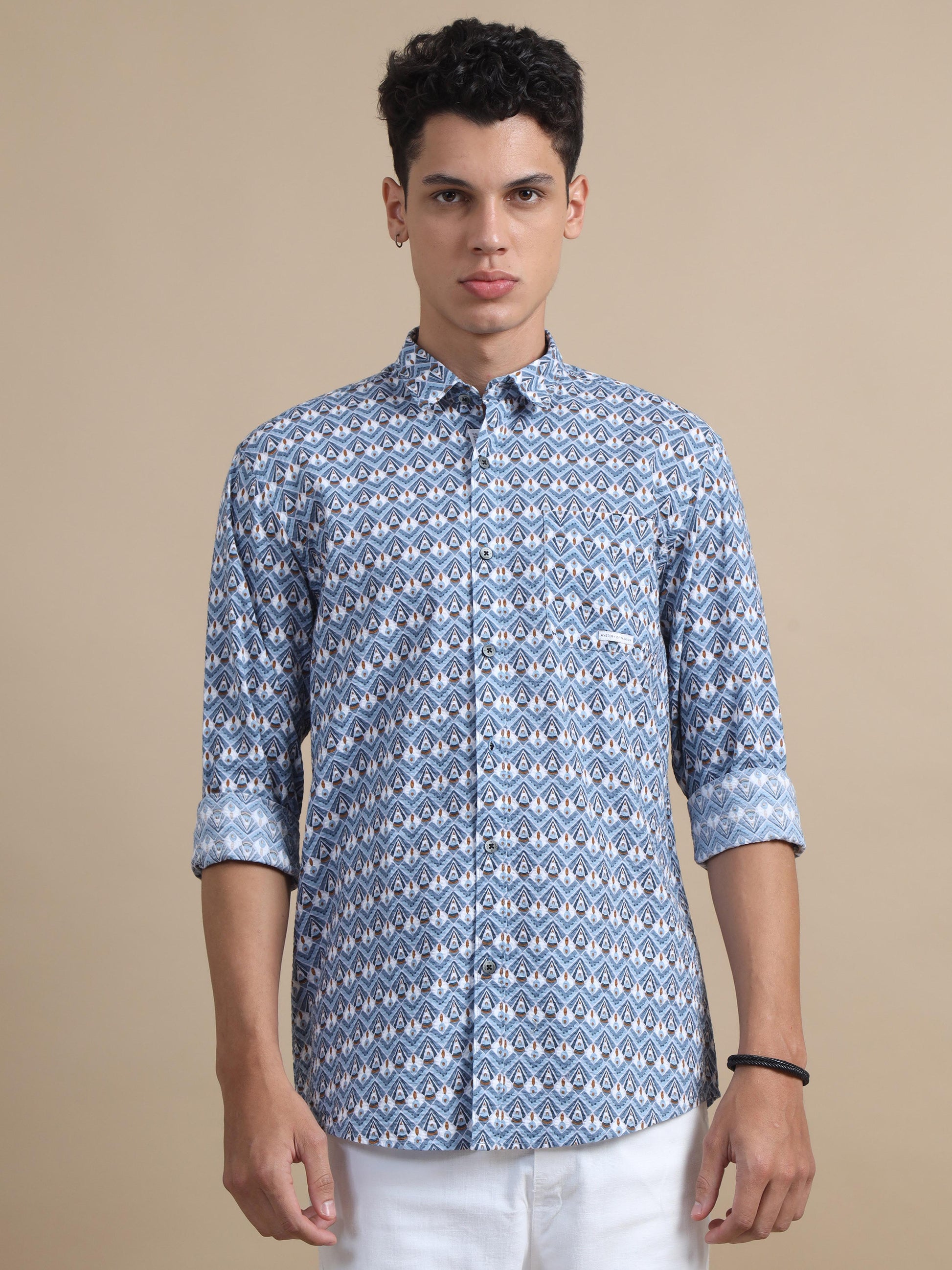 Chroma Blue Textured Printed Shirt For Men