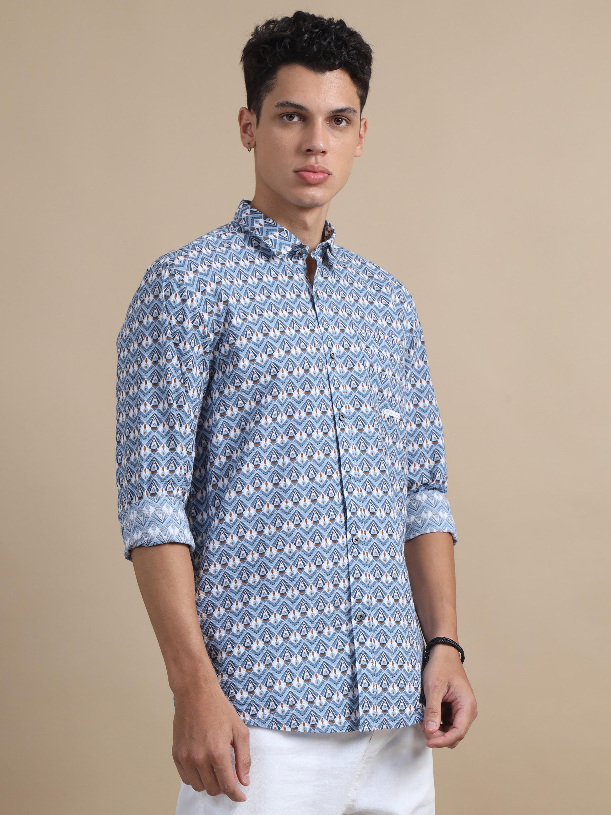 Chroma Blue Textured Printed Shirt For Men