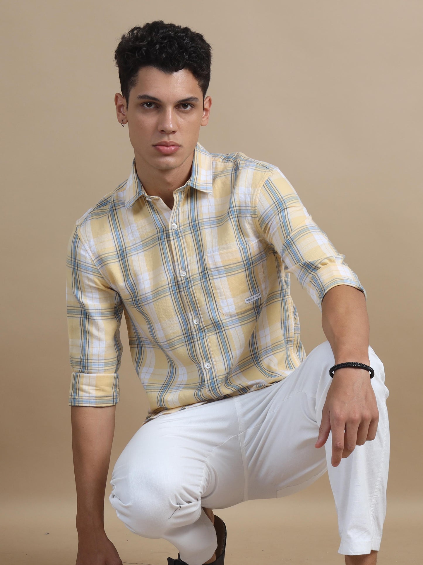 Plaidorama Yellow Blue Checkered Shirt For Men