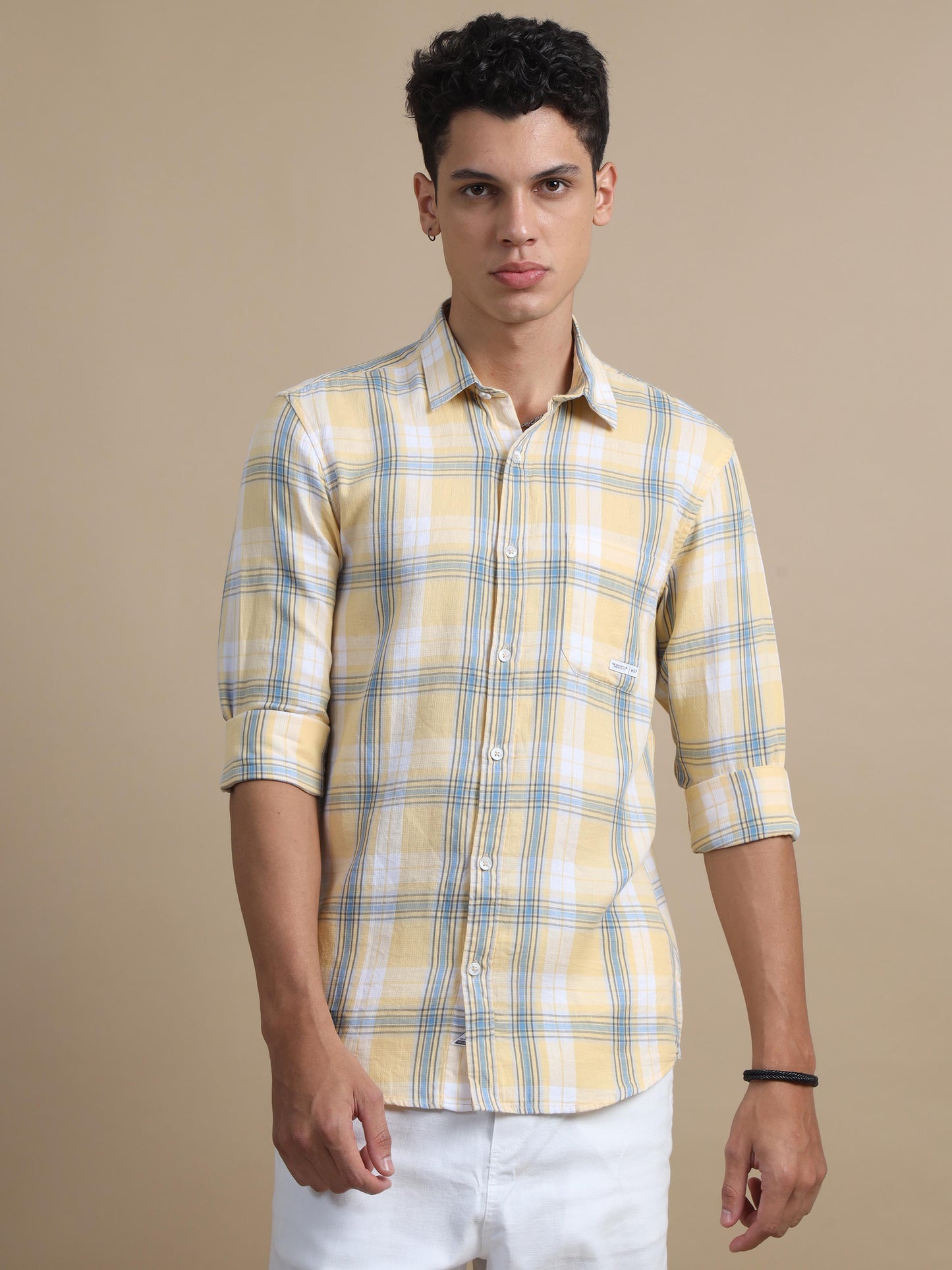 Plaidorama Yellow Blue Checkered Shirt For Men