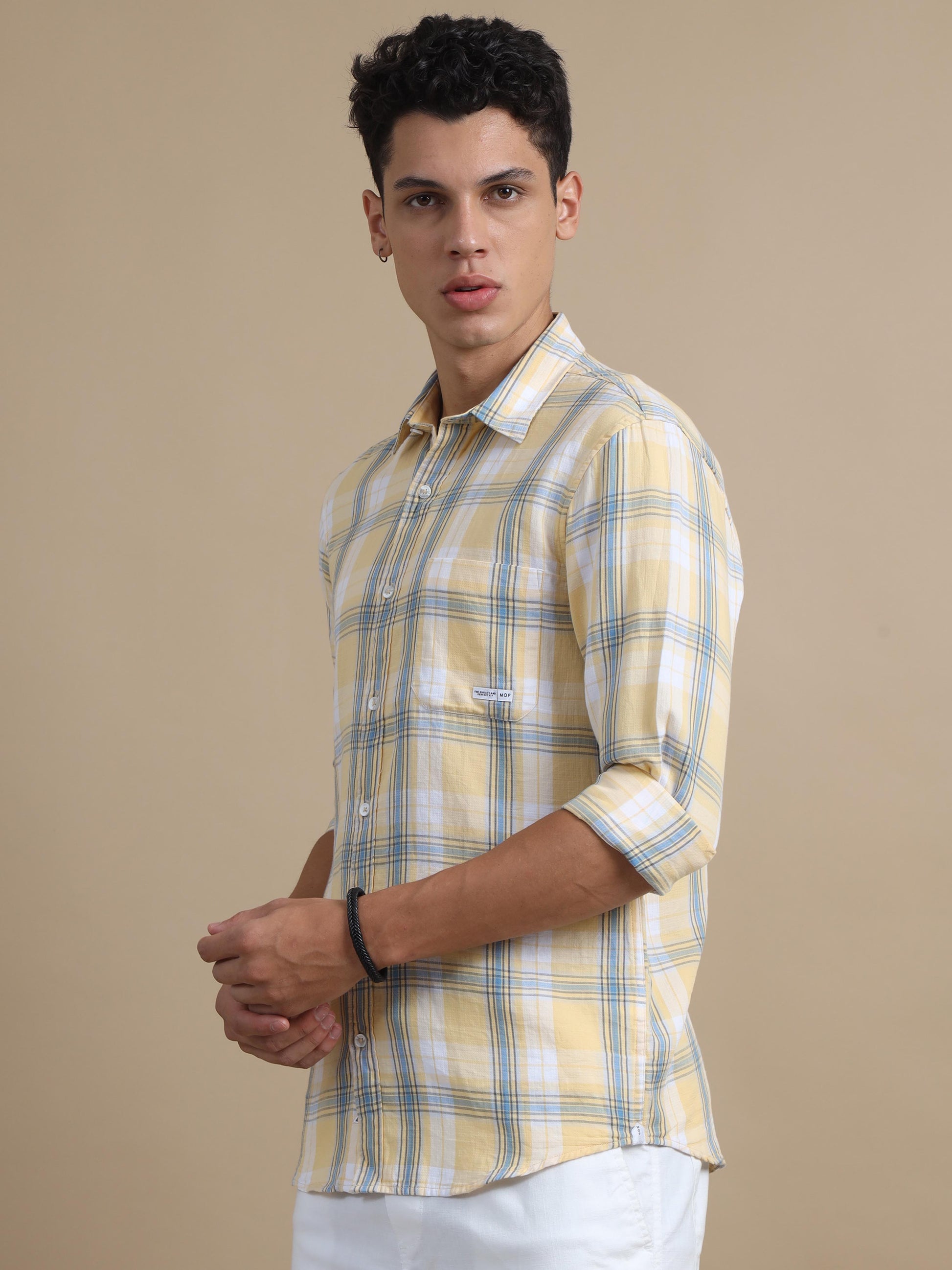 Plaidorama Yellow Blue Checkered Shirt For Men