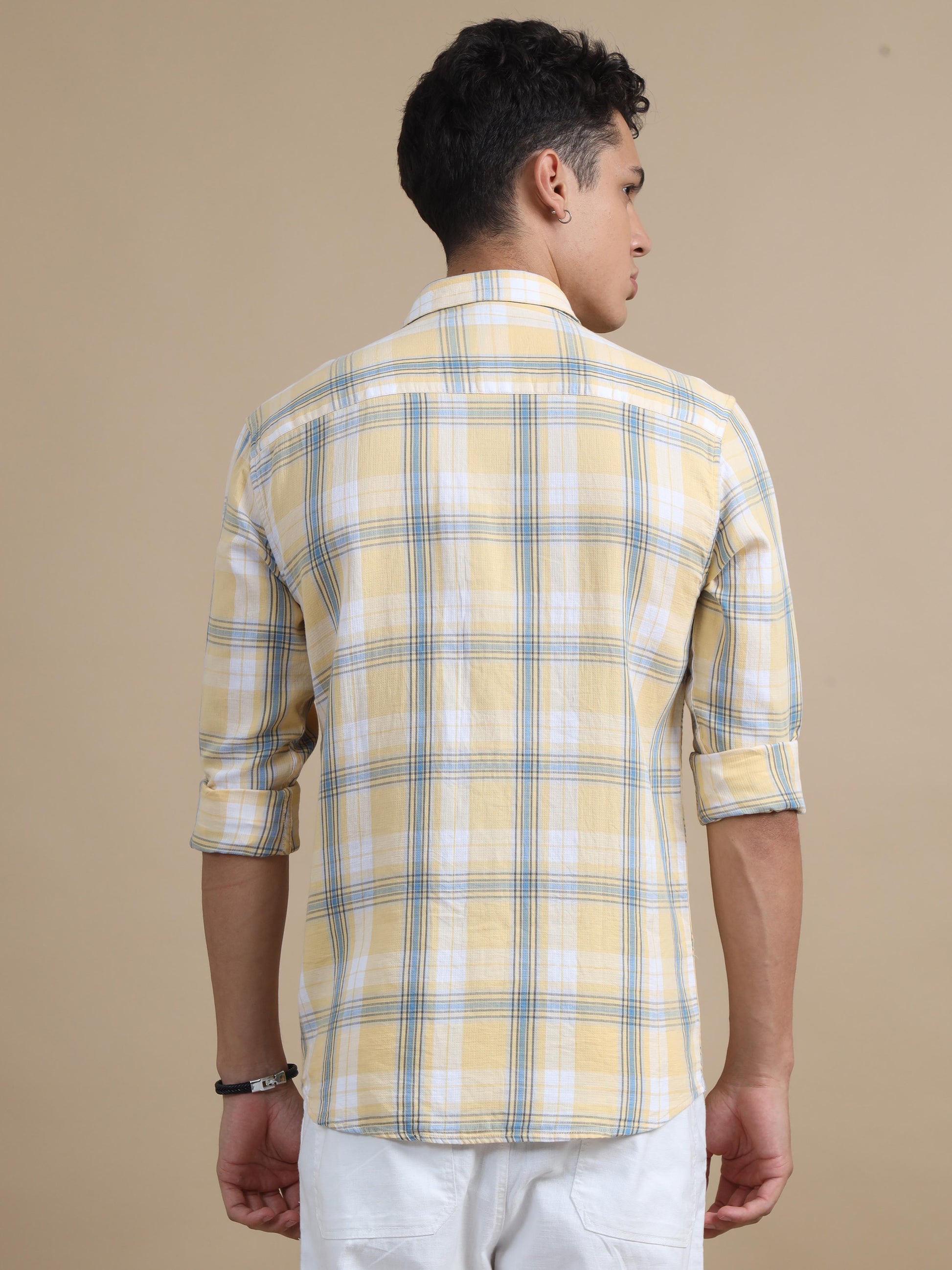 Plaidorama Yellow Blue Checkered Shirt For Men