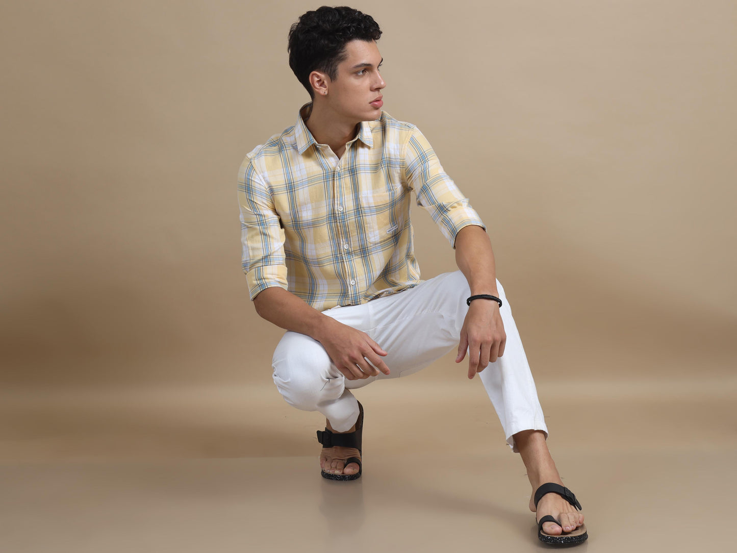 Plaidorama Yellow Blue Checkered Shirt For Men