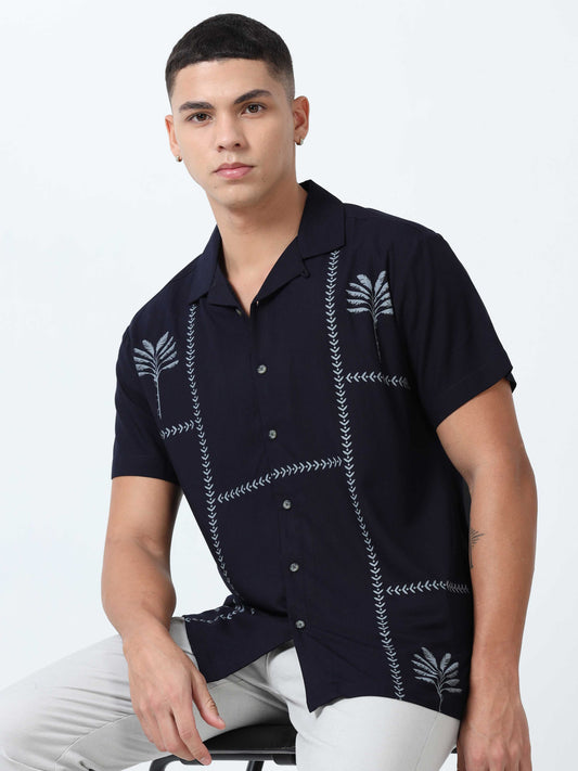 Men Navy Blue Printed Cuban Collar Shirt