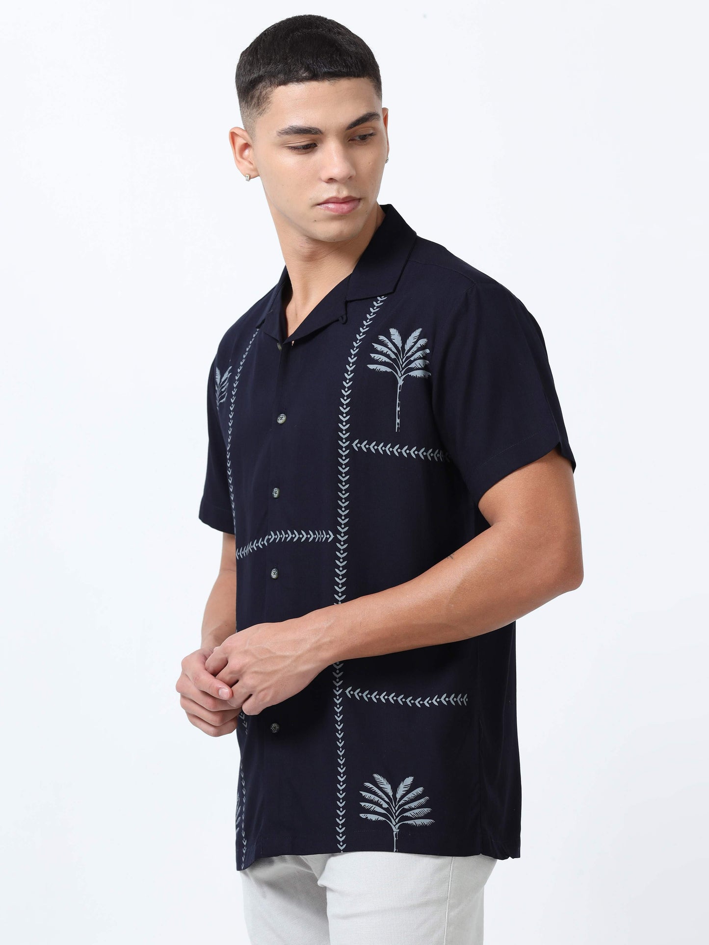 Men Navy Blue Printed Cuban Collar Shirt