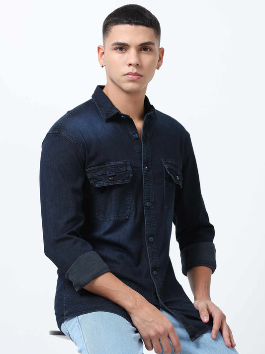 Mens Dark Blue Denim Shirt