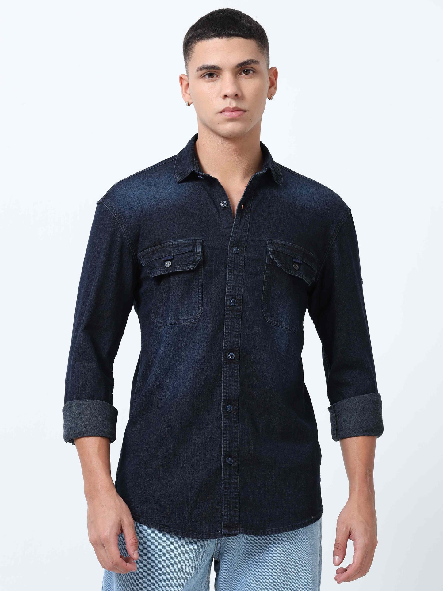 Navy Blue Denim Shirt Shop Trendy Dark Blue Denim Shirt For Men