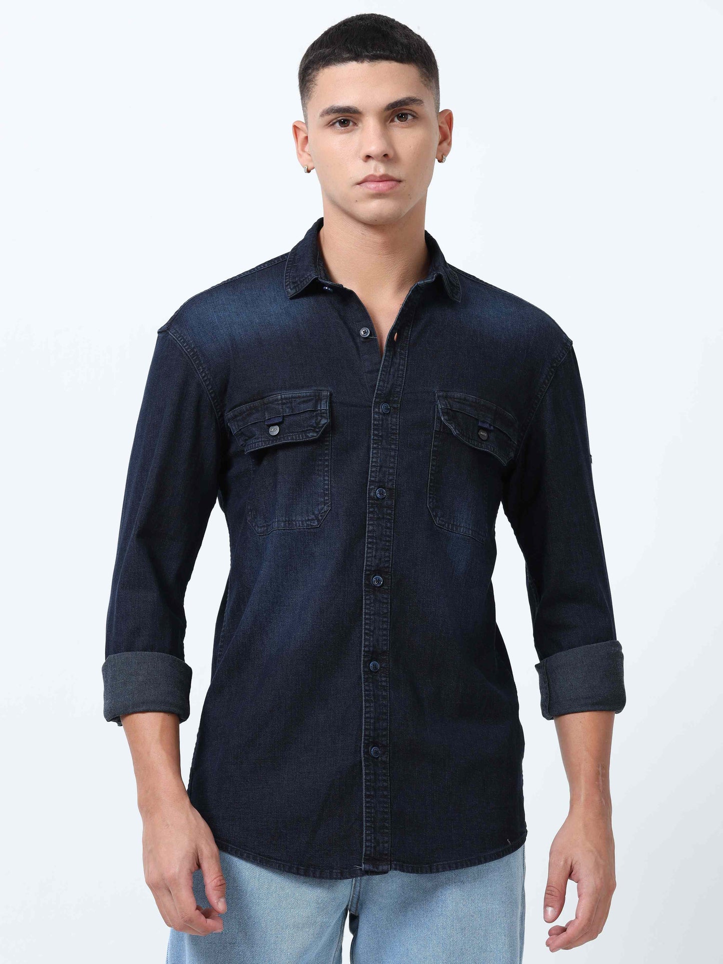 Mens Dark Blue Denim Shirt