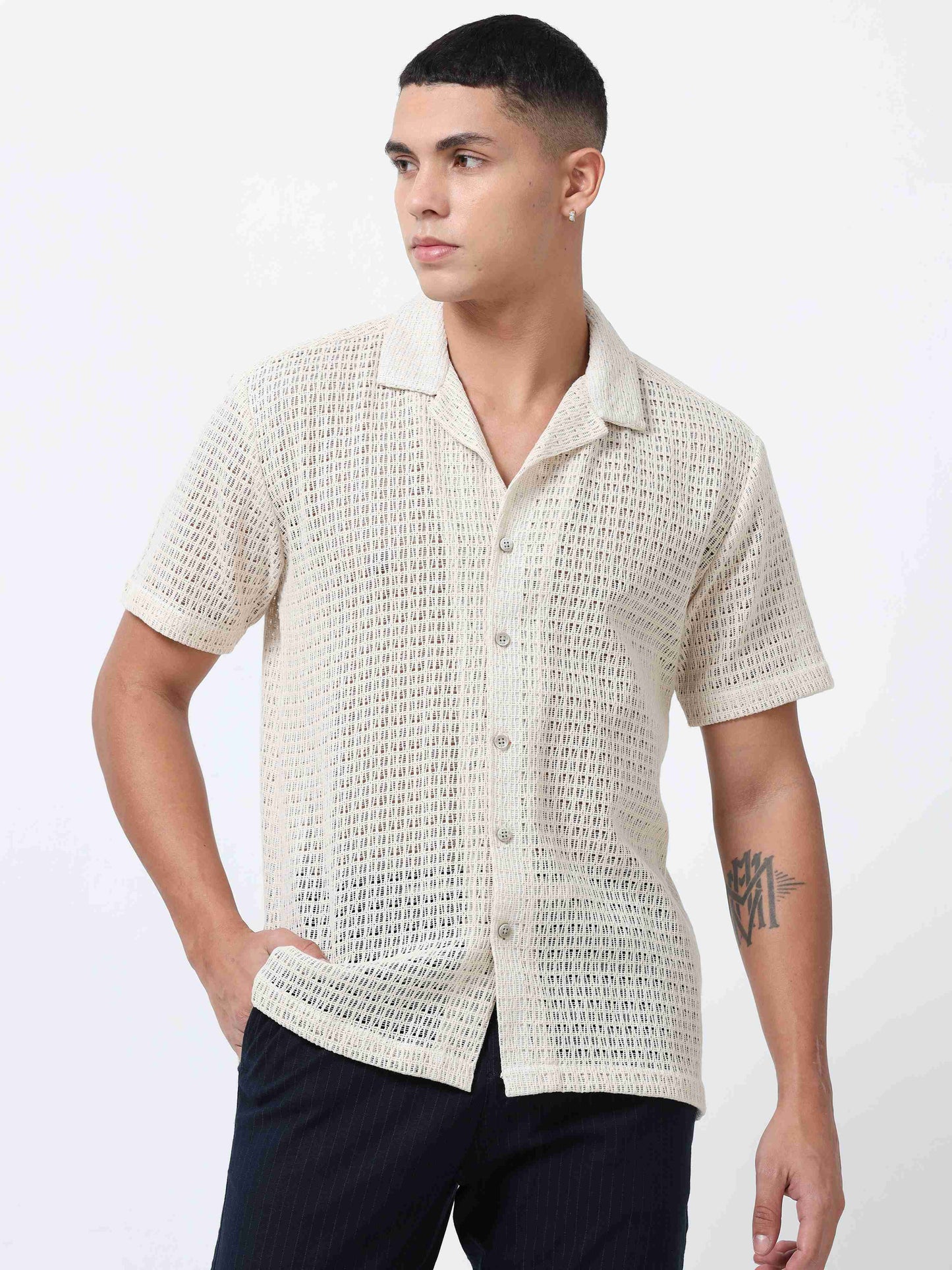 Mens Cream Printed Shirt