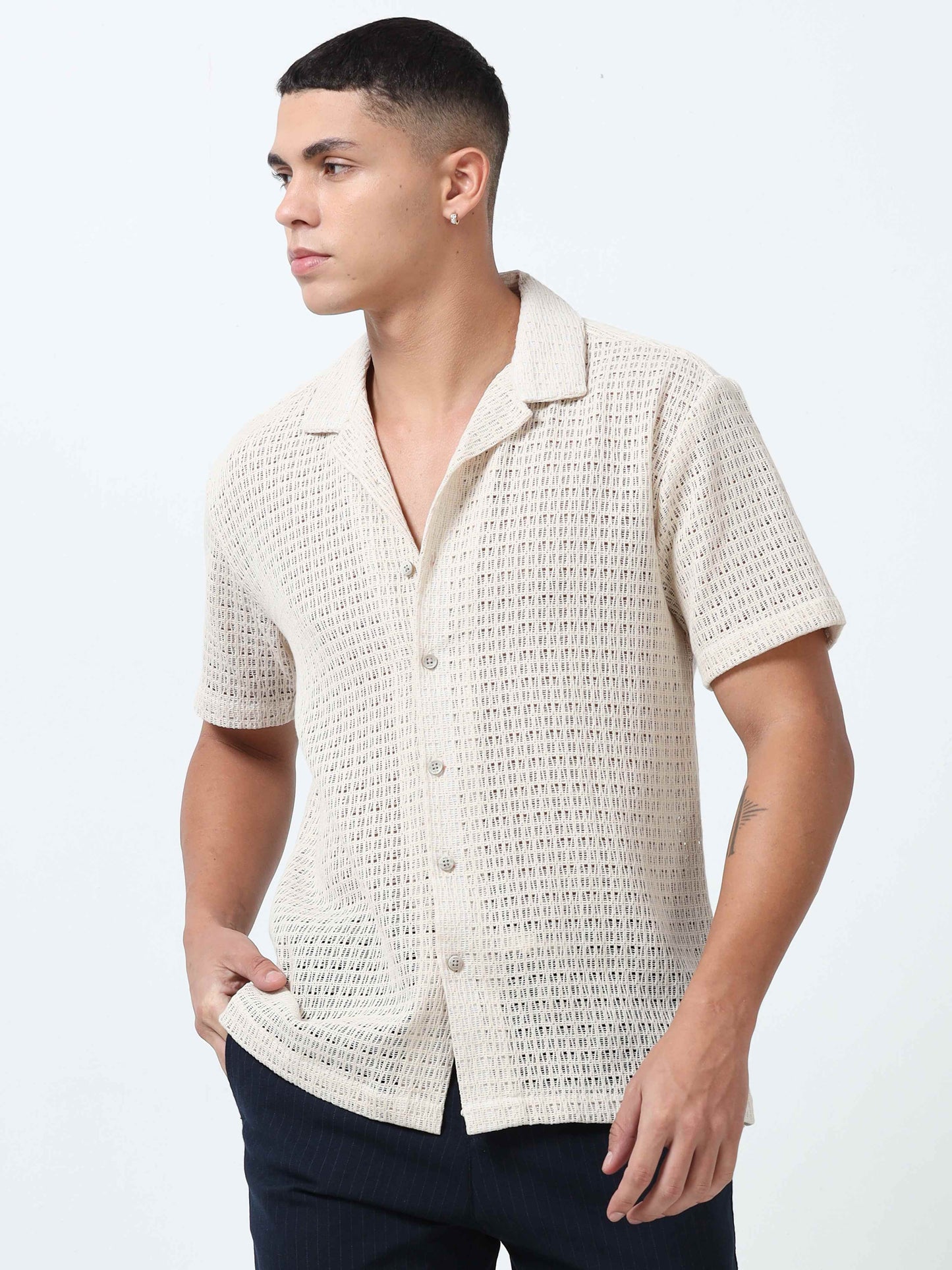 Mens Cream Printed Shirt