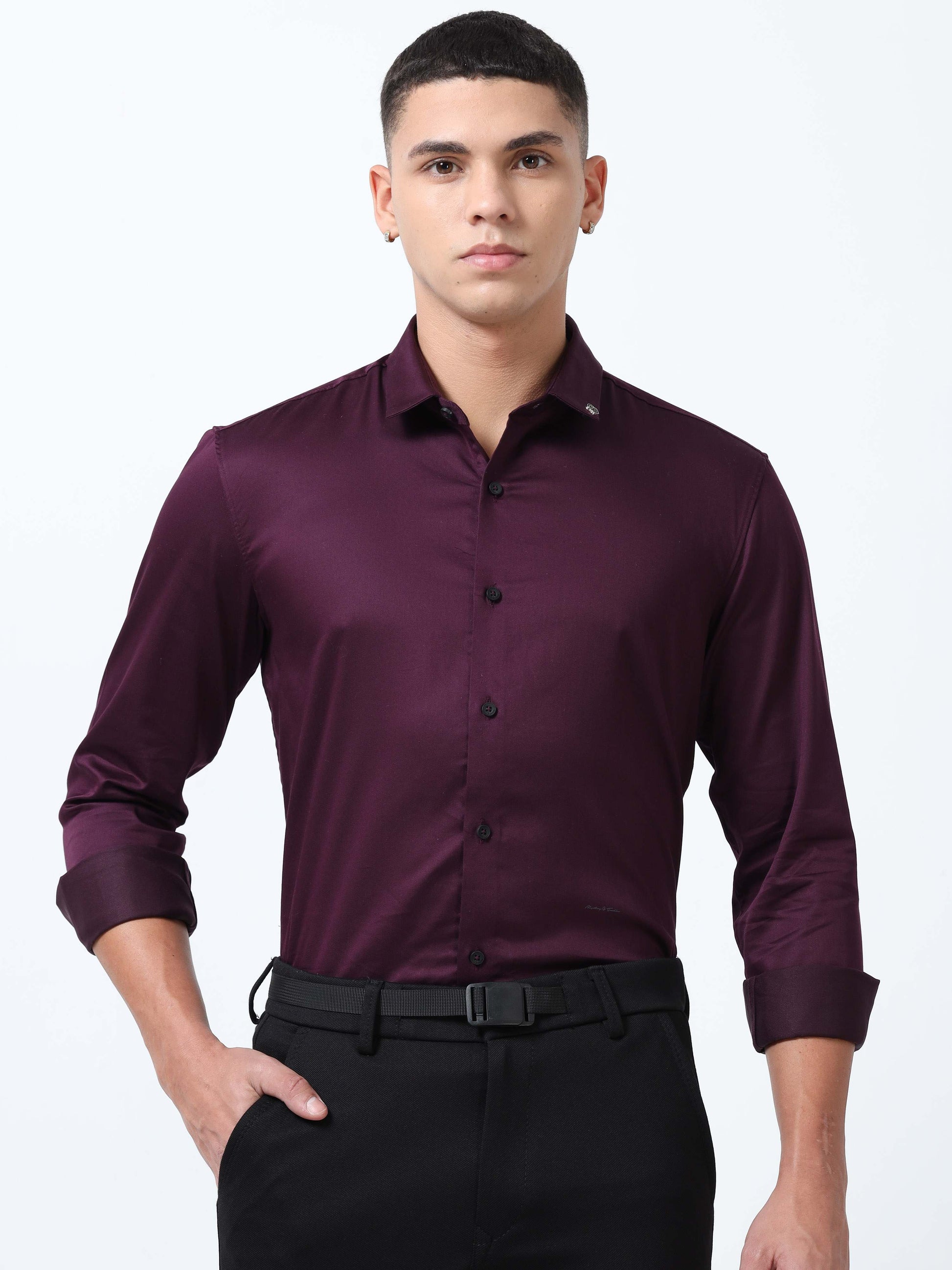 Wine Berry Solid Formal Shirts for Men