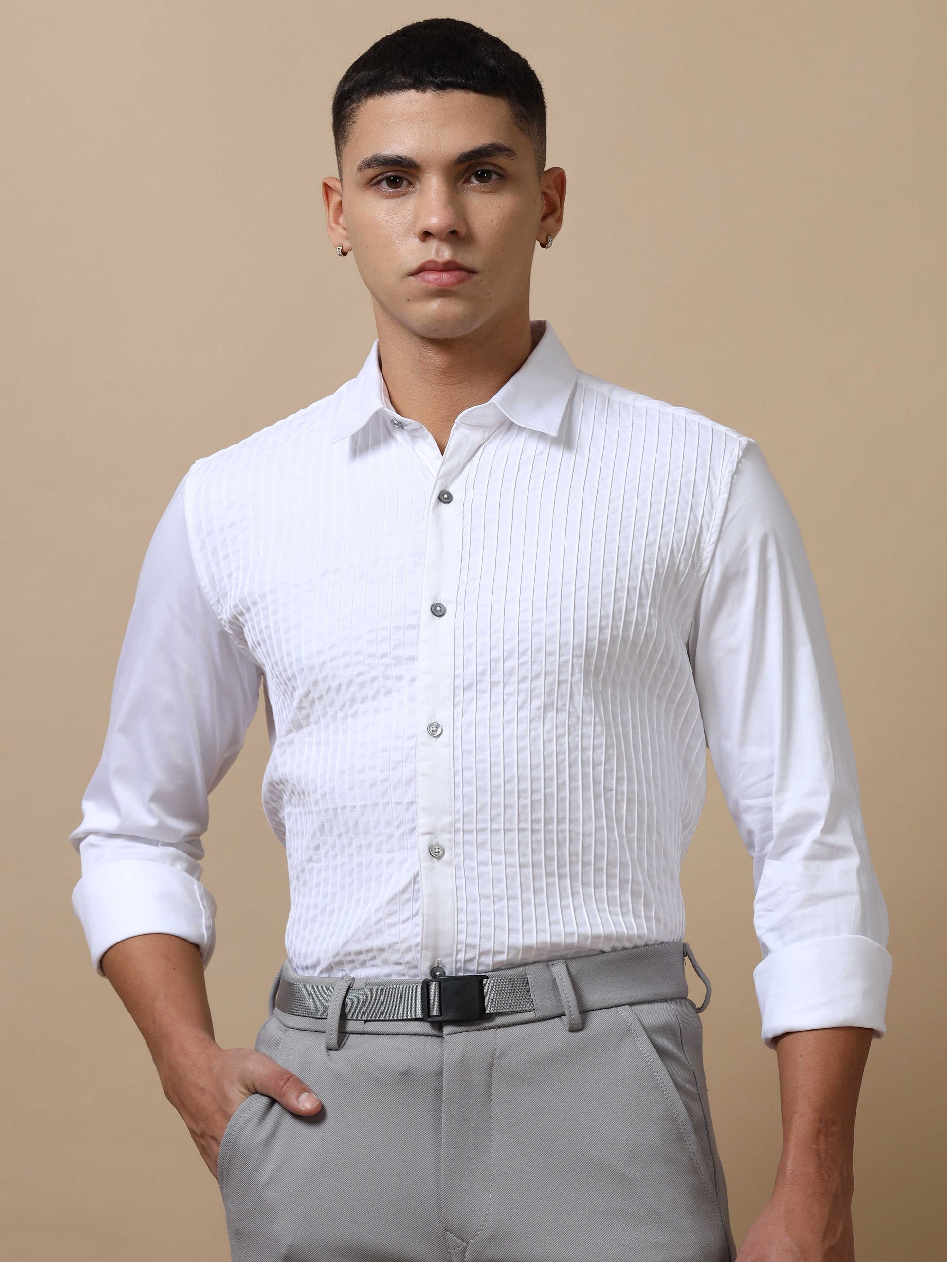 White Pleated Shirt for Men